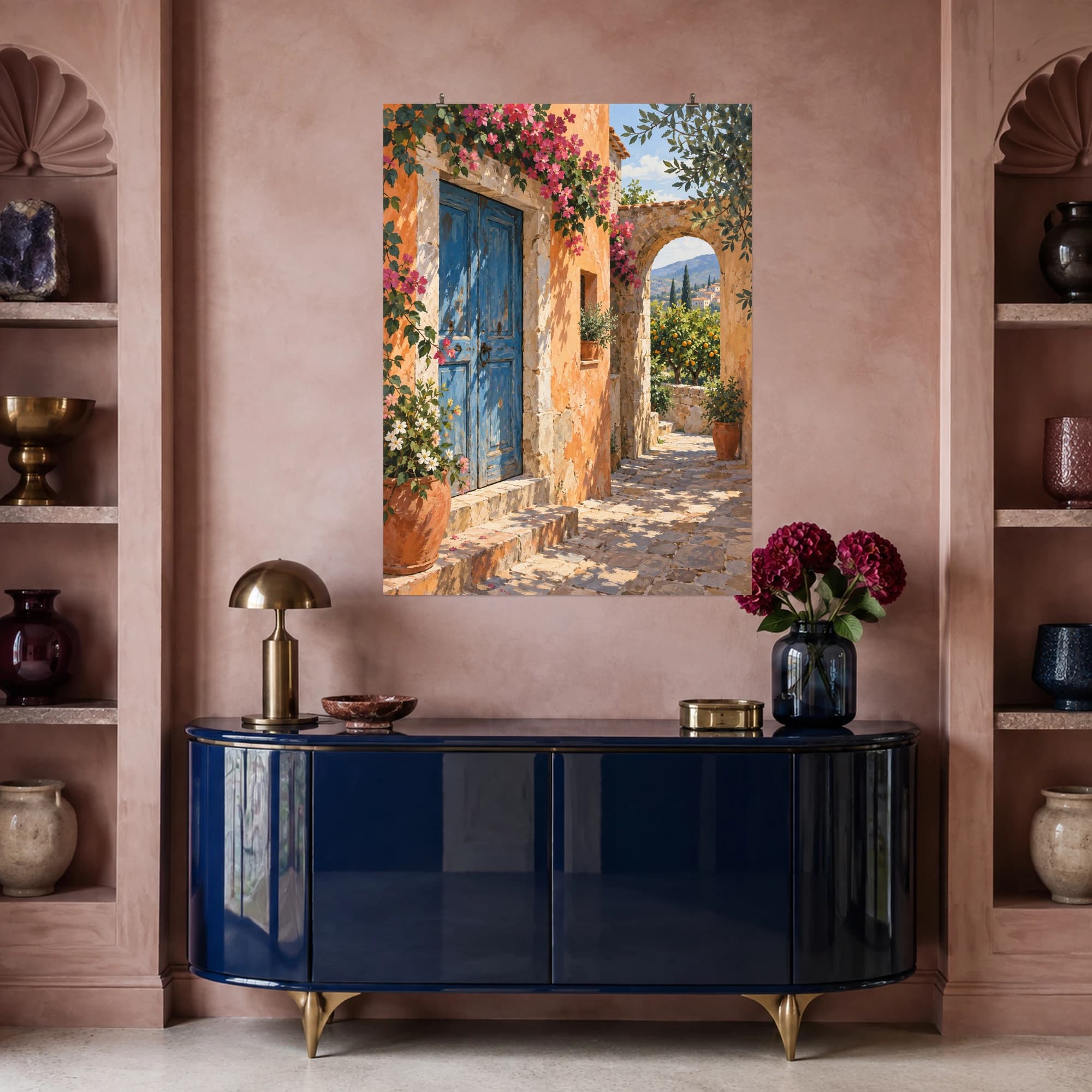 This gouache-style composition features a sunlit village lane with a weathered blue door, apricot plaster walls and a small orchard glimpsed through an arch. Expressive brushwork and a balanced palette bring warmth and character to your space.