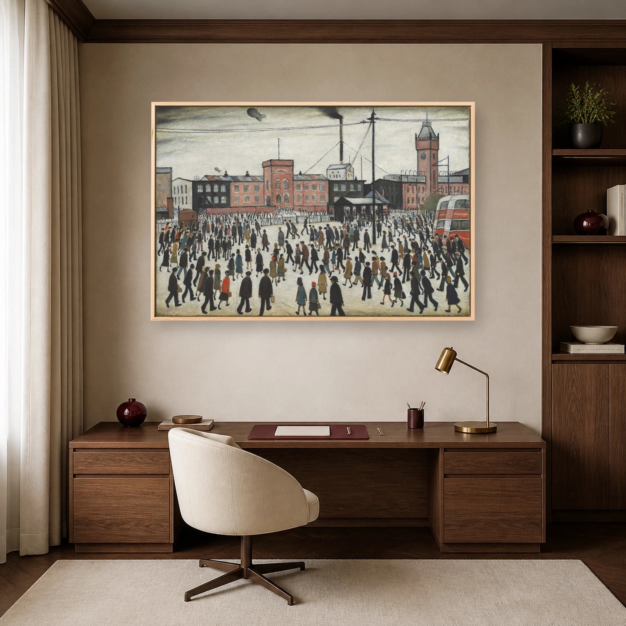 Industrial Town Square Fine Art Print with Crowds and Red Bus, view 6