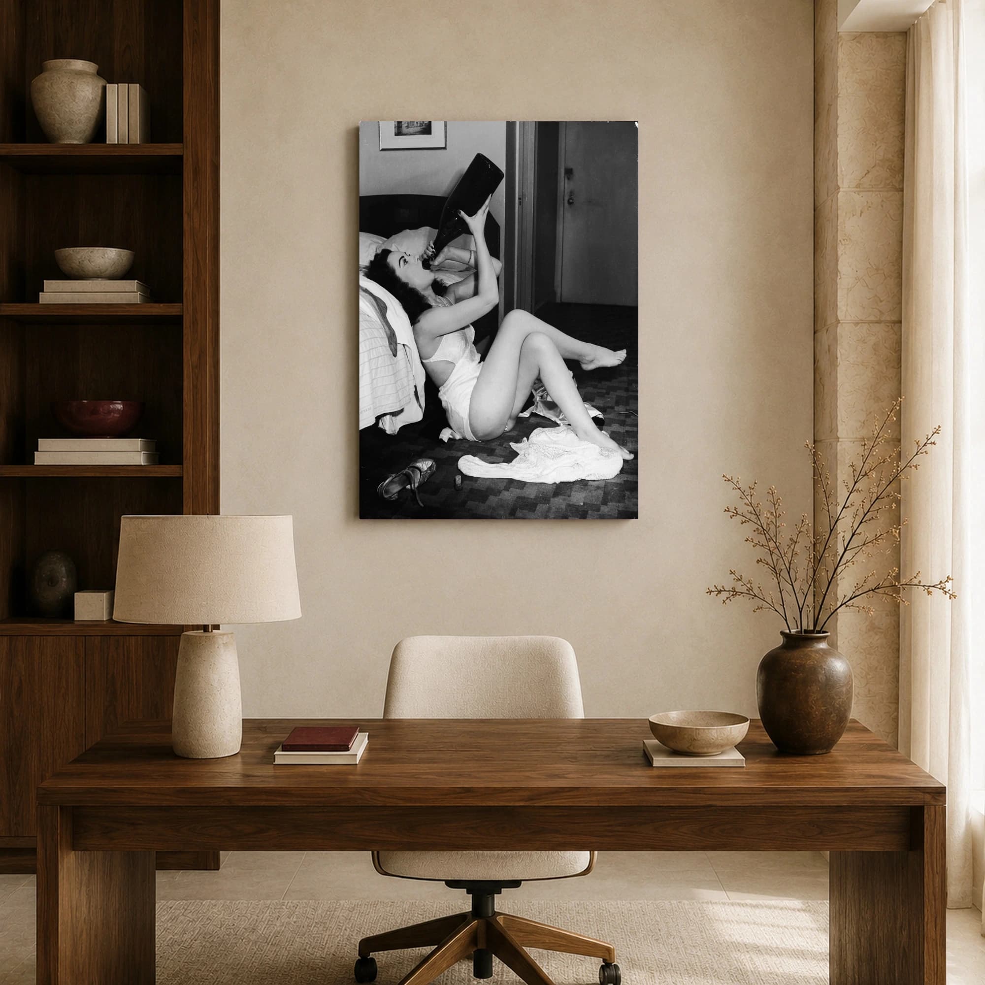 Vintage Hollywood Starlet Drinking From Giant Bottle Canvas Print, view 8