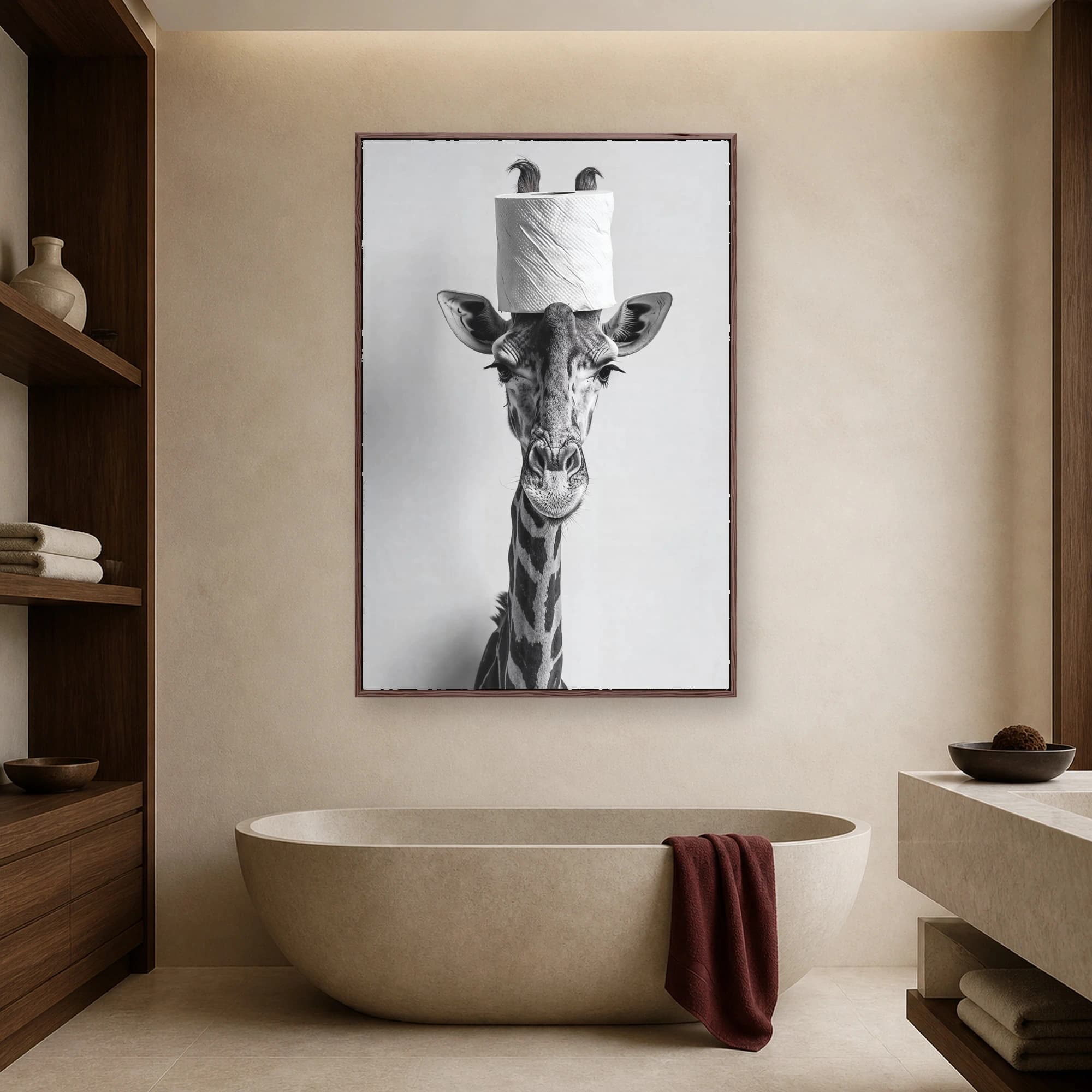Giraffe with Toilet Paper Roll Funny Animal Wall Art, view 3