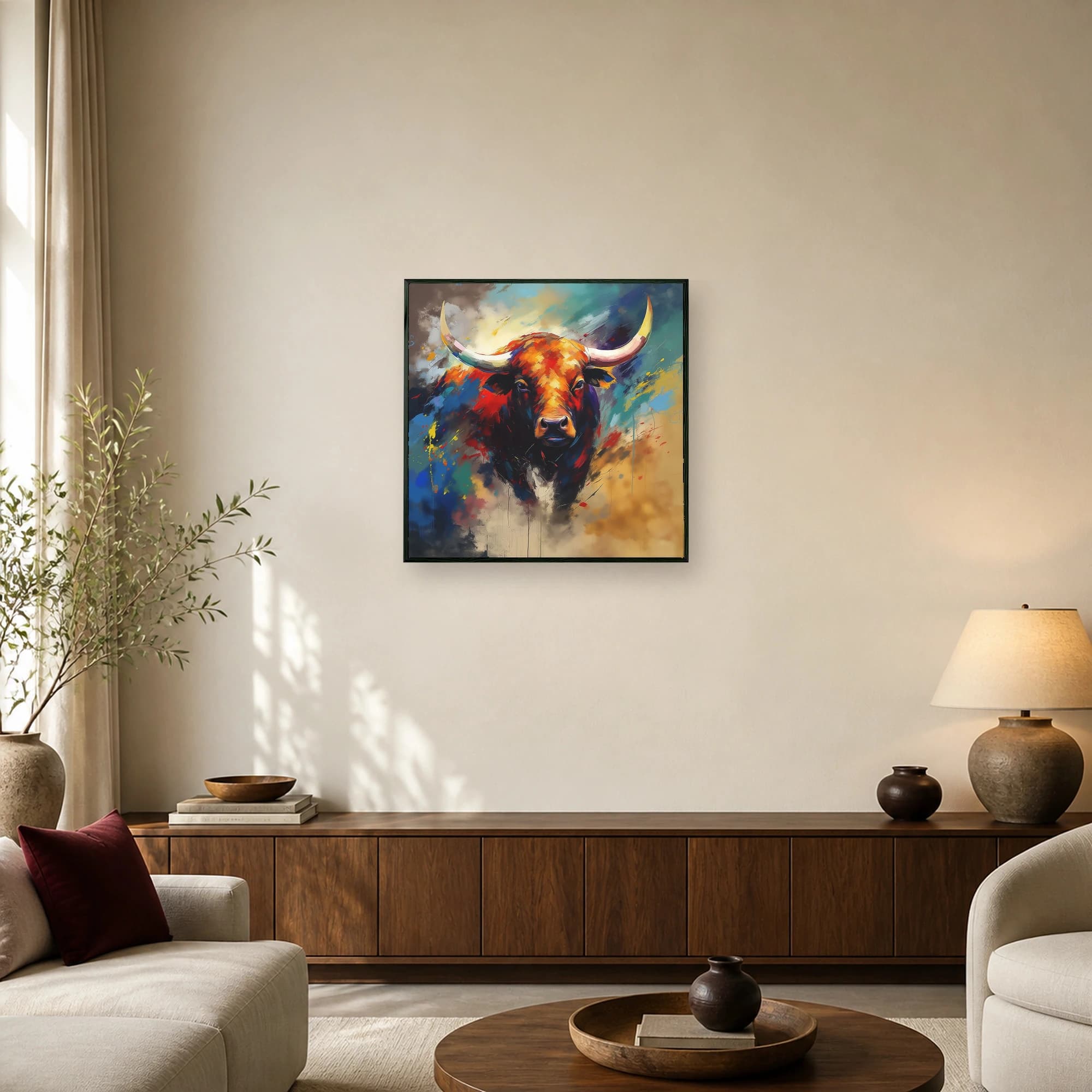A vibrant abstract painting of a powerful bull with large curved horns against a colorful background of red, blue, and gold paint strokes.