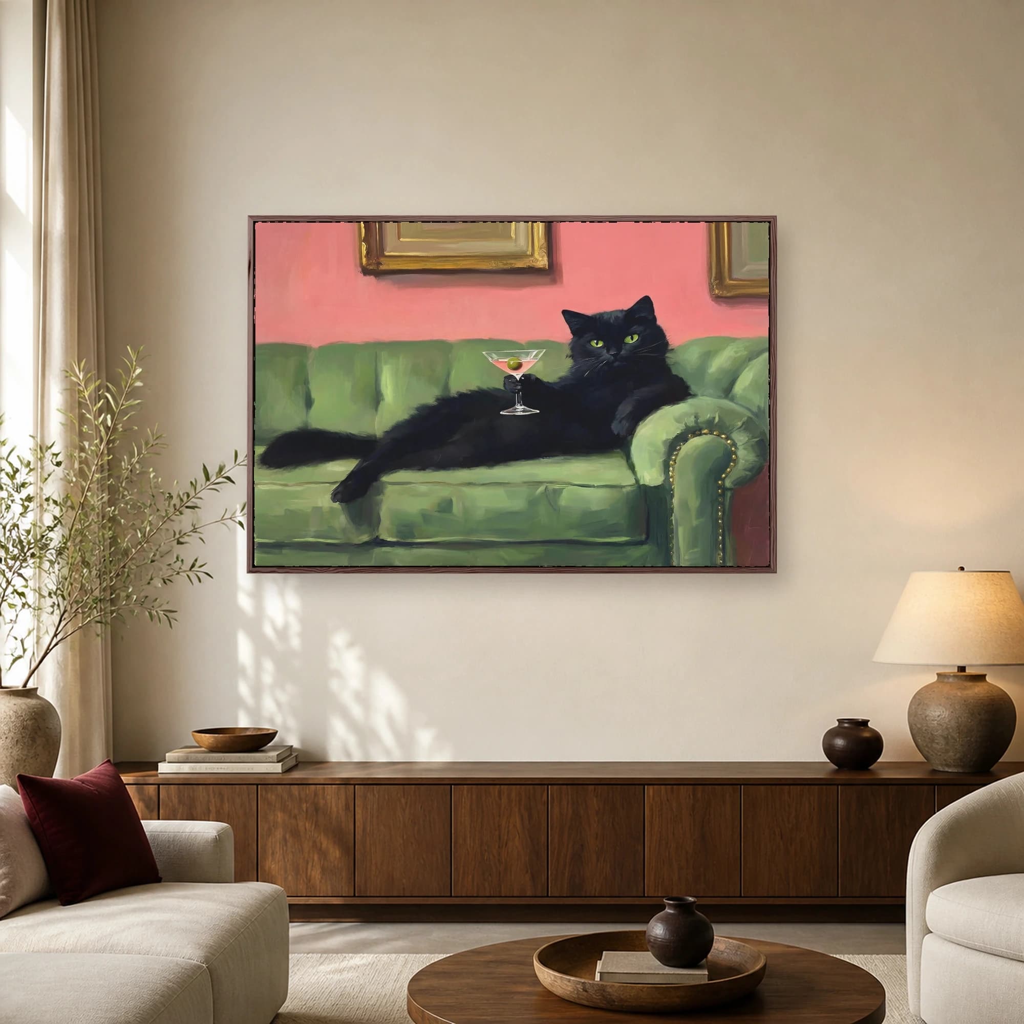 Sophisticated Black Cat Drinking Martini Canvas Art, view 2