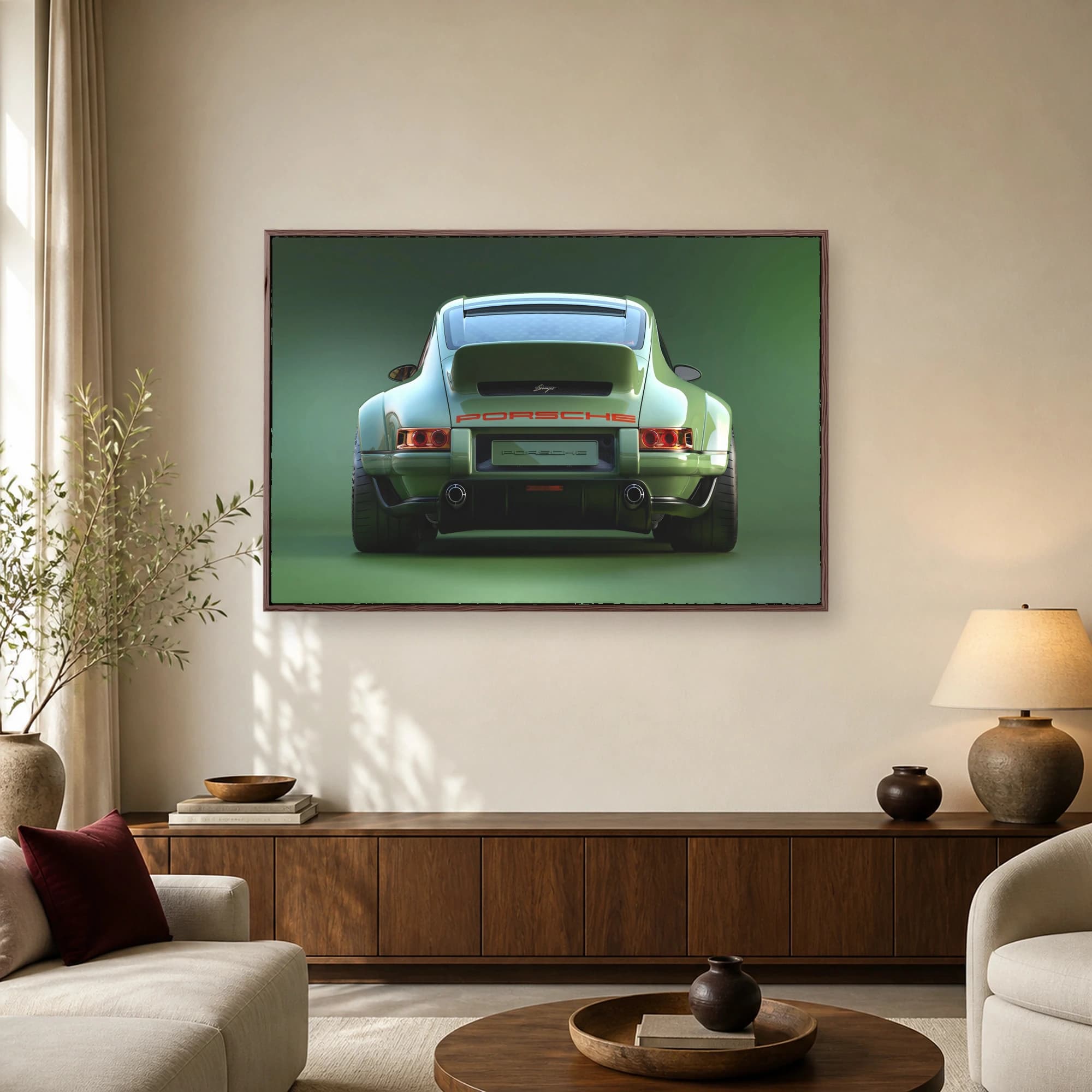 Rear view of a custom sage green Porsche 911 restomod sportscar showcasing wide fenders, orange PORSCHE lettering, and dual exhaust pipes on a green background.
