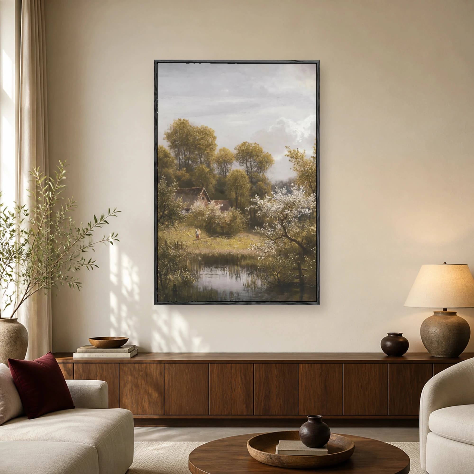 Traditional oil painting of a rural landscape with a thatched cottage, blooming white tree, and reflection pond under an overcast sky