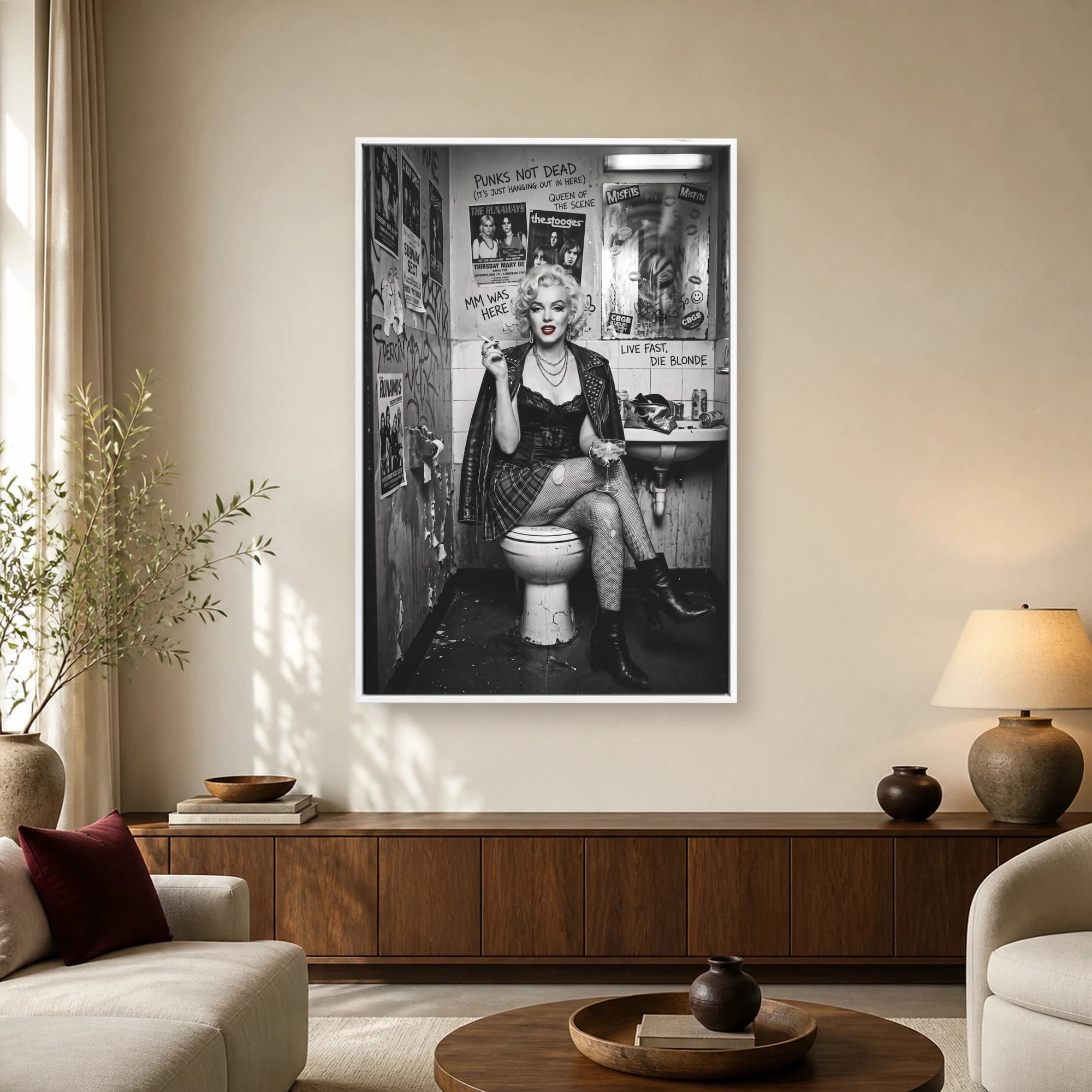 A black and white portrait with red lipstick of a blonde icon dressed in punk rock attire sitting on a toilet in a graffiti‐covered restroom.