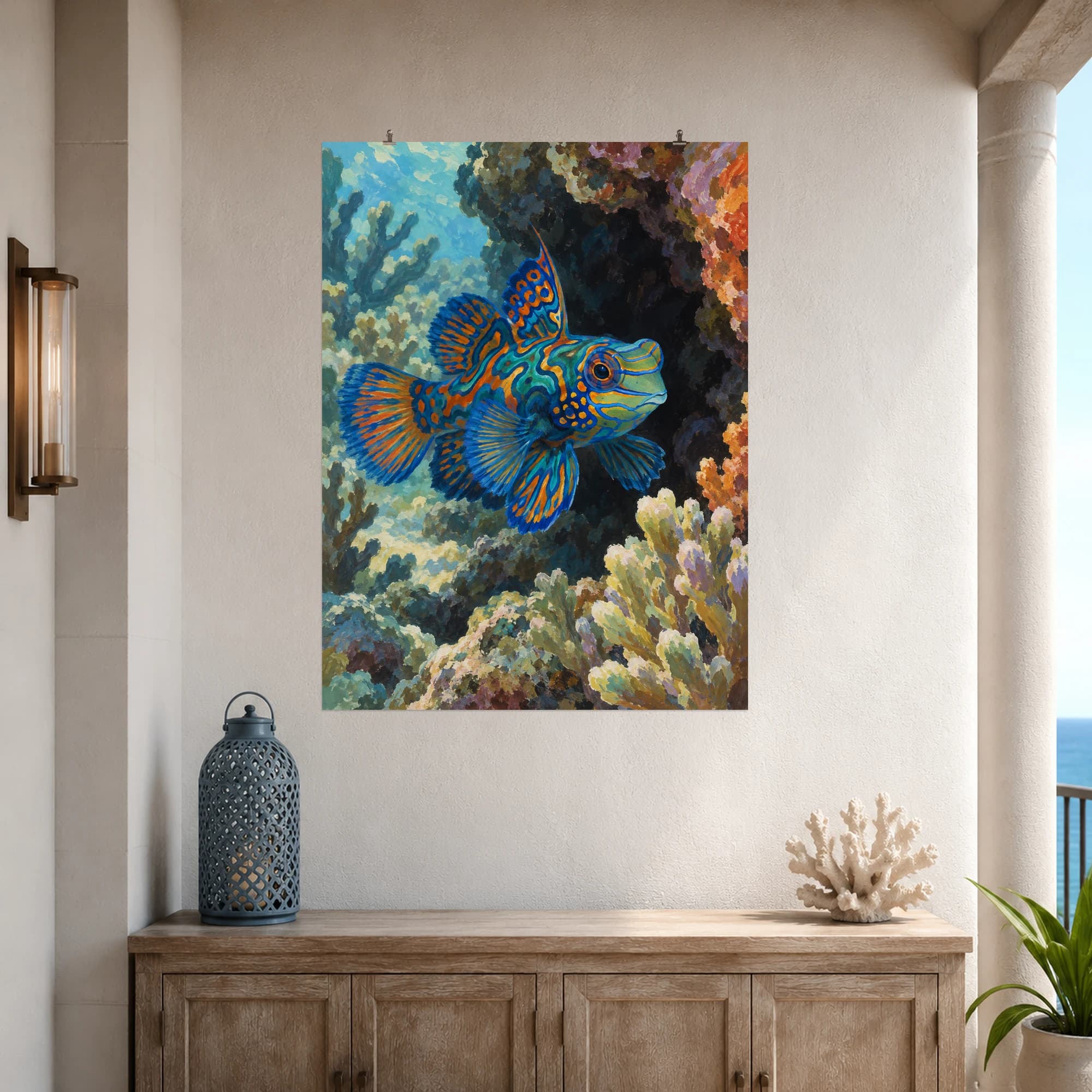 This gouache-style composition features a brilliantly patterned mandarin fish hovering near a dark coral nook, blue turquoise orange and emerald markings, tranquil reef light. Expressive brushwork and a balanced palette bring warmth and character to your space.