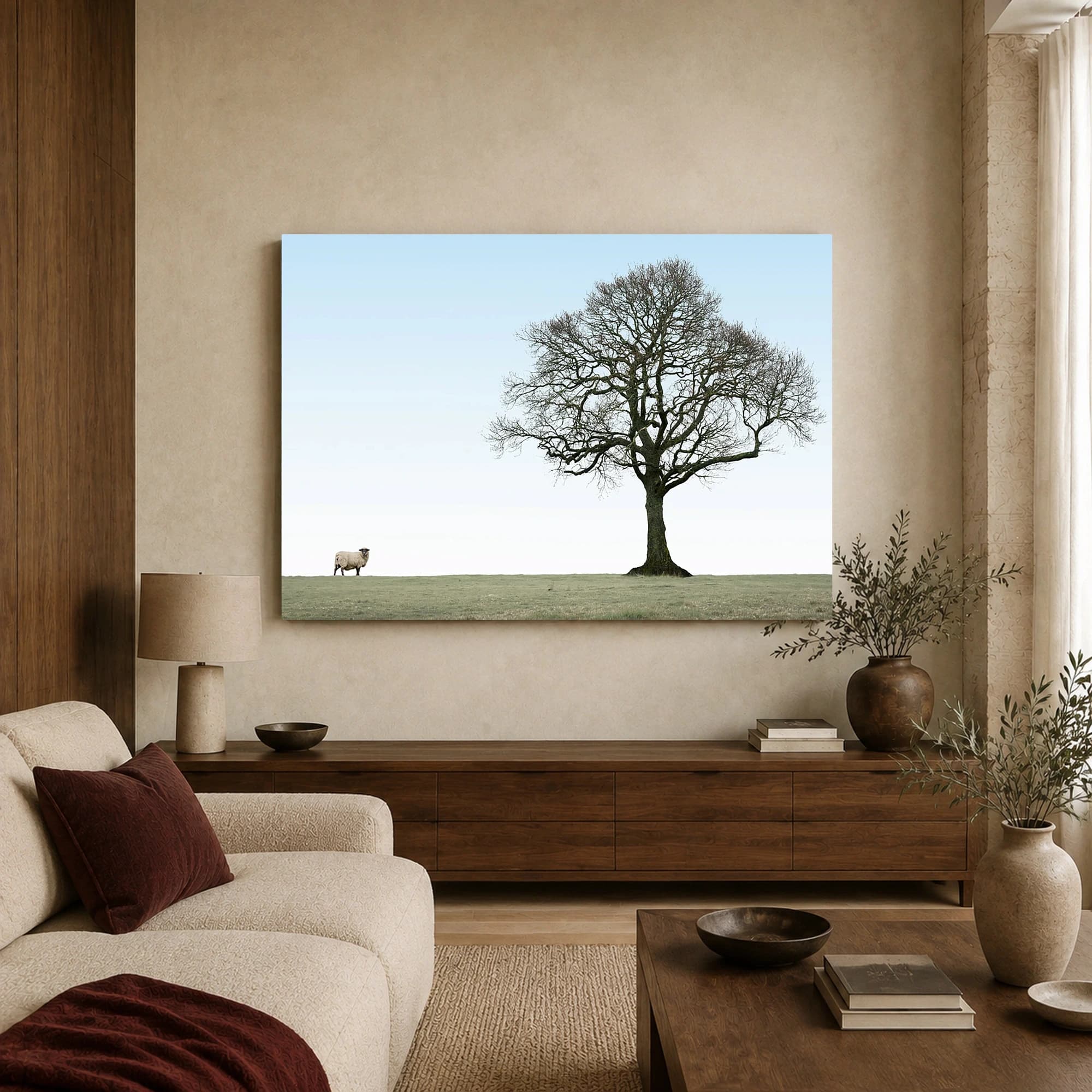 Solitary Tree and Grazing Sheep Minimalist Landscape Print, view 2