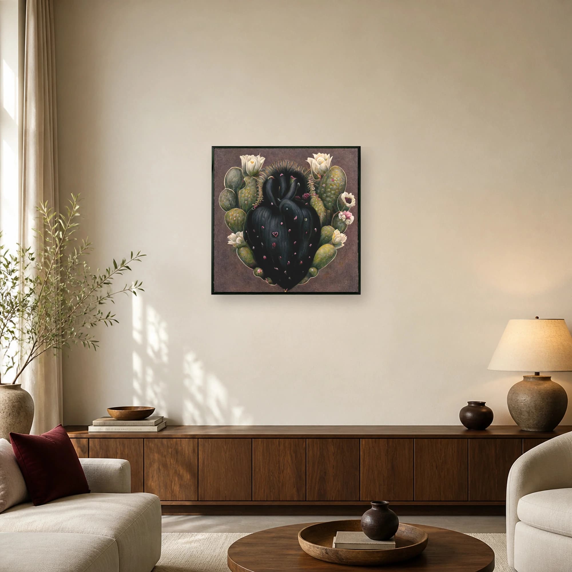 Surreal artwork of a black botanical heart framed by prickly pear cactus pads with blooming white flowers on a textured brown background.