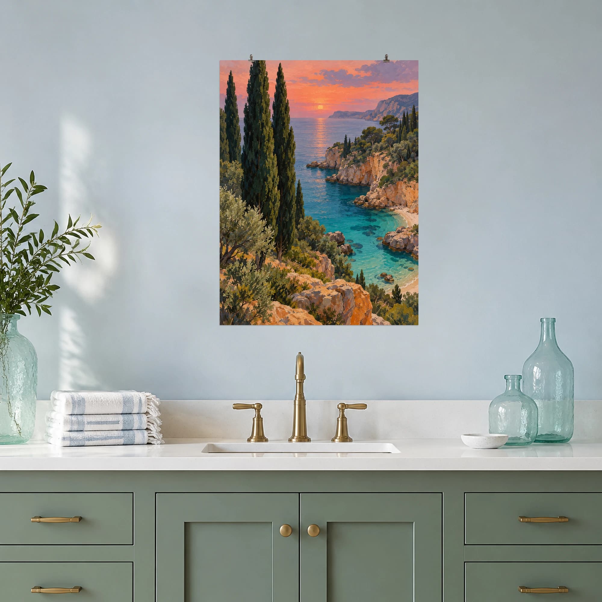 Tall cypress trees frame a sheltered turquoise cove beneath a gentle evening sky.