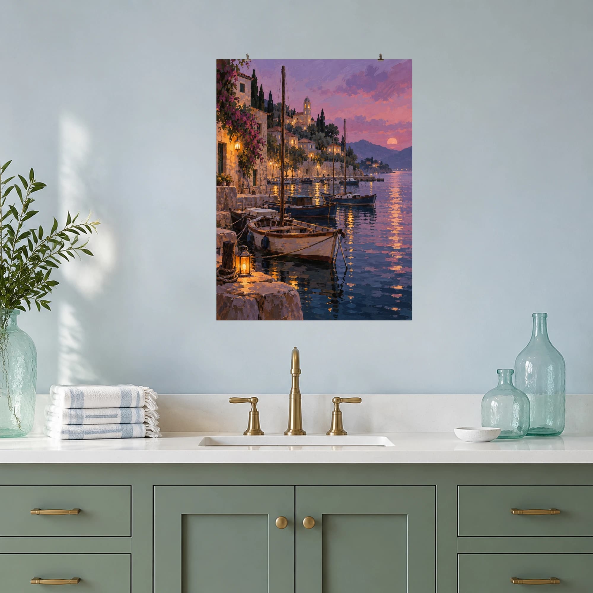 This gouache-style composition features a quiet harbor with moored wooden boats and warm lantern light under a mauve twilight sky. Expressive brushwork and carefully balanced color bring a distinctive focal point to your wall.