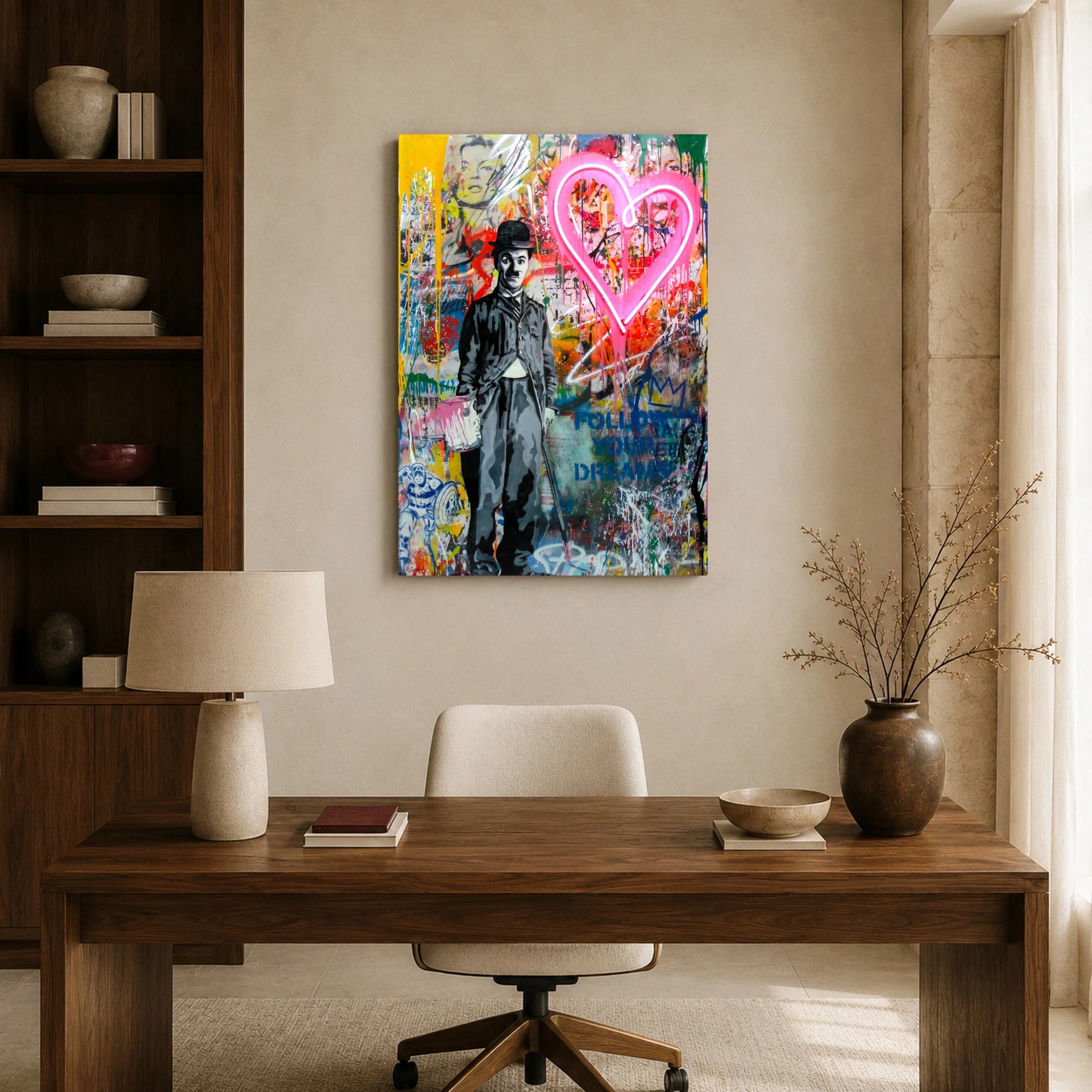 Charlie Chaplin Neon Heart Street Art Canvas Print, view 8