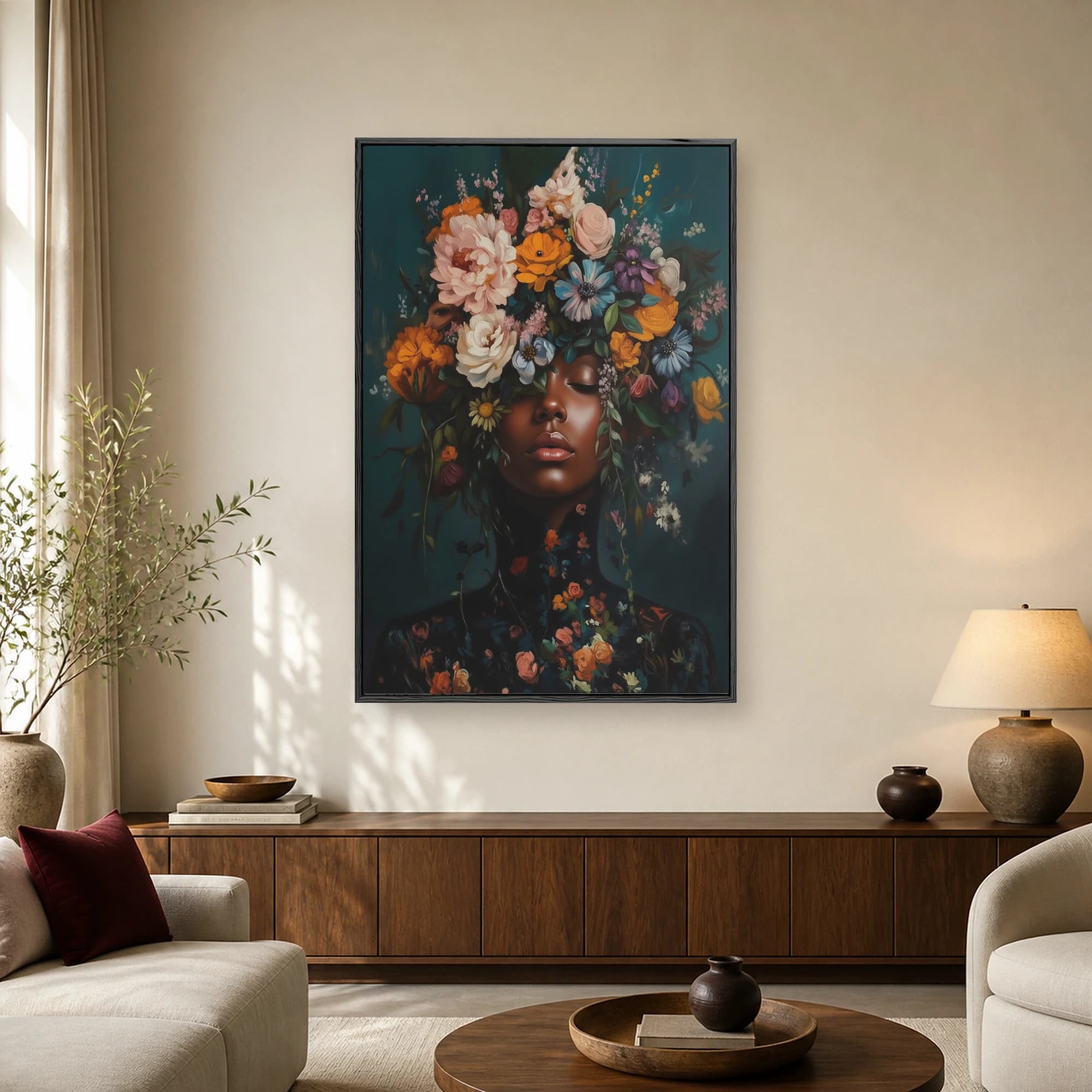 A detailed canvas portrait of a serene dark-skinned woman with her eyes closed, wearing a vibrant crown of colorful flowers and green foliage against a teal background.