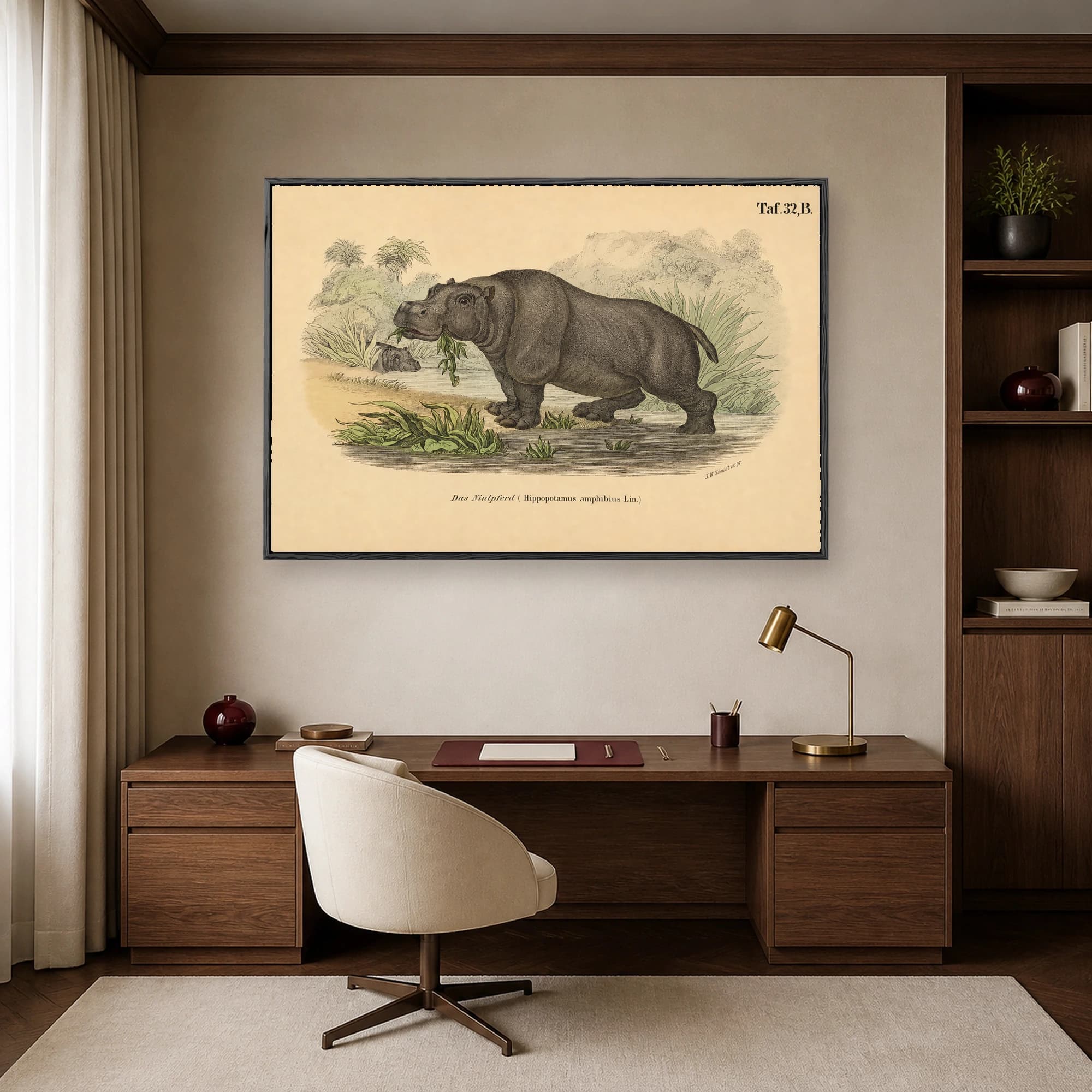 Vintage scientific illustration of a hippopotamus eating foliage by a river with German text Das Niulpferd