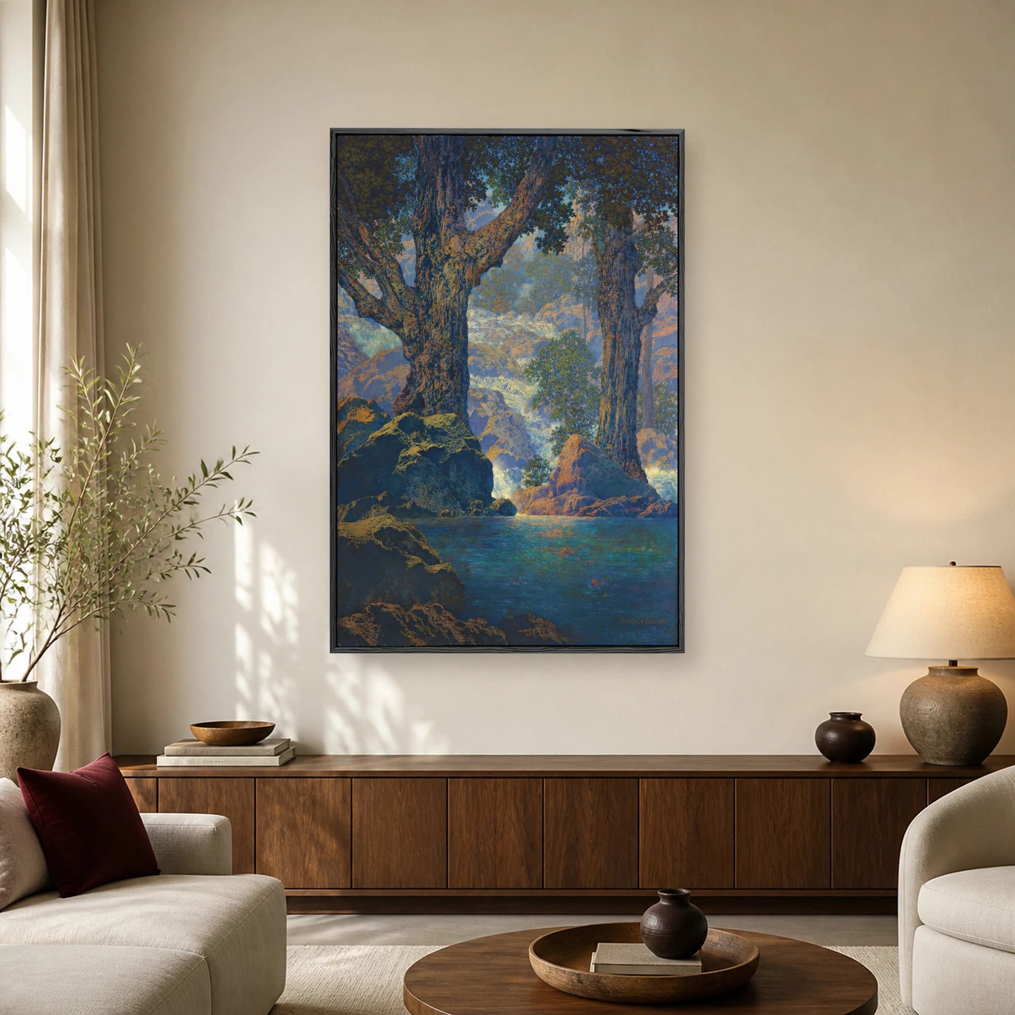 A classic landscape painting featuring two massive gnarled trees framing a cascading waterfall, sunlit boulders, and a tranquil blue pool in the foreground.
