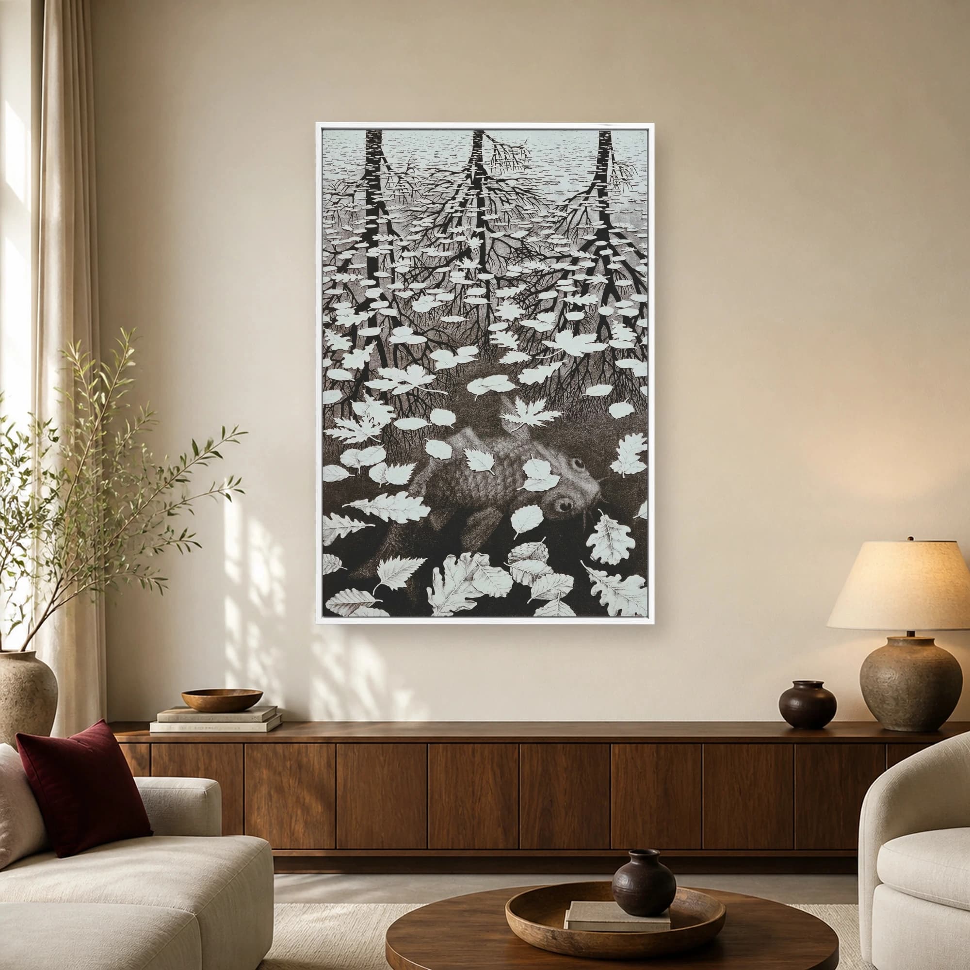 Surreal Monochrome Optical Illusion Tree and Fish Art Print, view 2