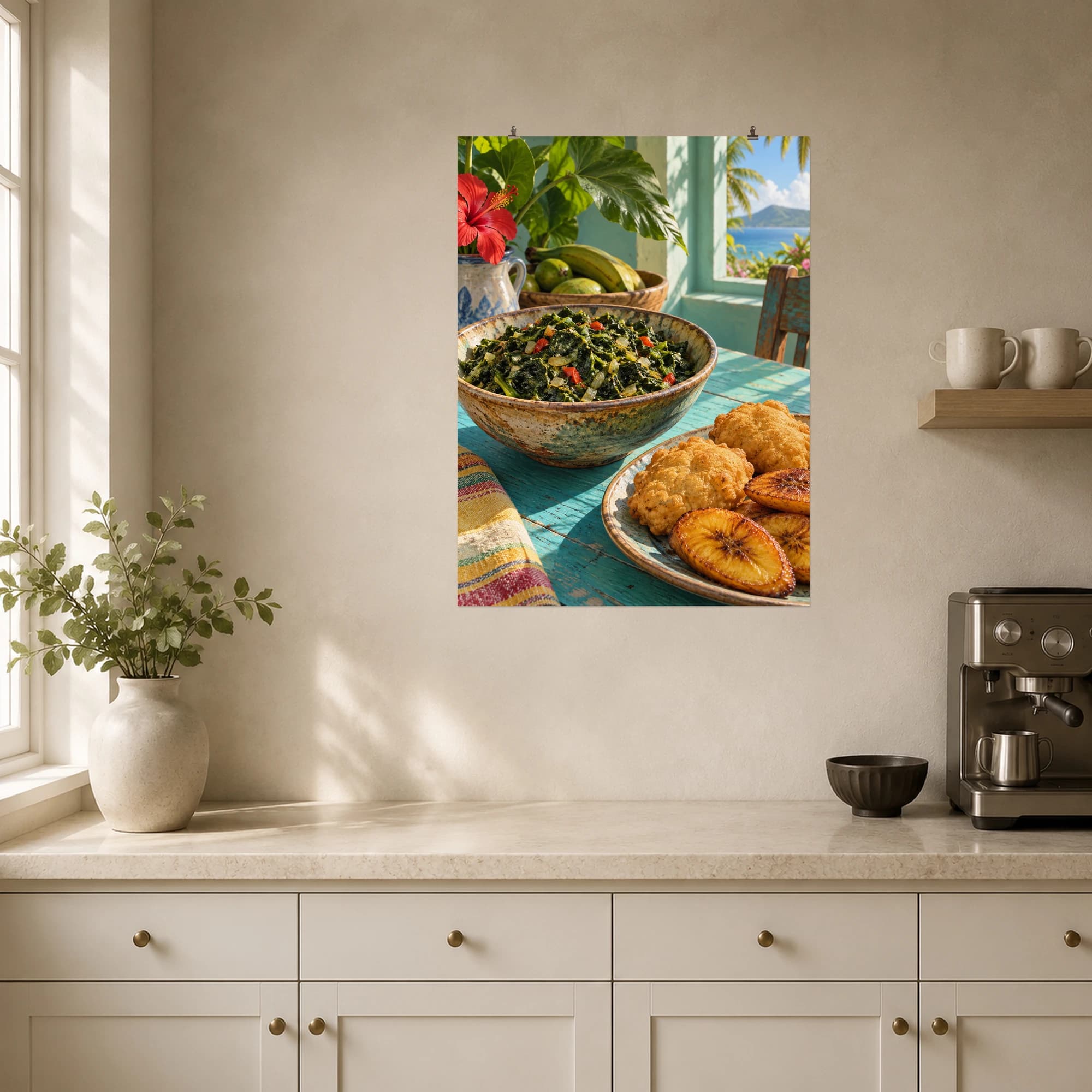 Callaloo greens, golden dumplings and plantains fill a bright Caribbean lunch scene.