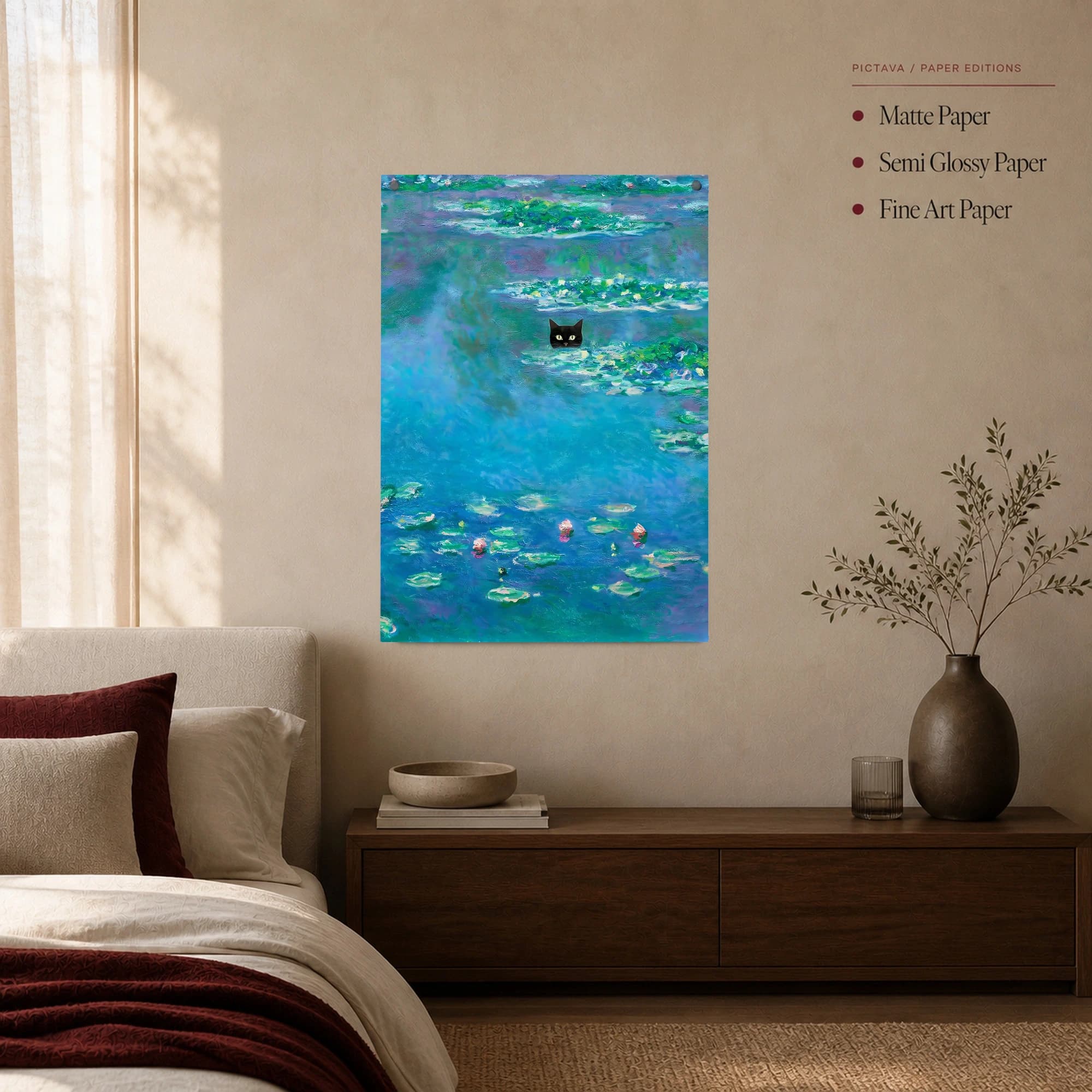 Black Cat Water Lilies Impressionist Canvas Print, view 3