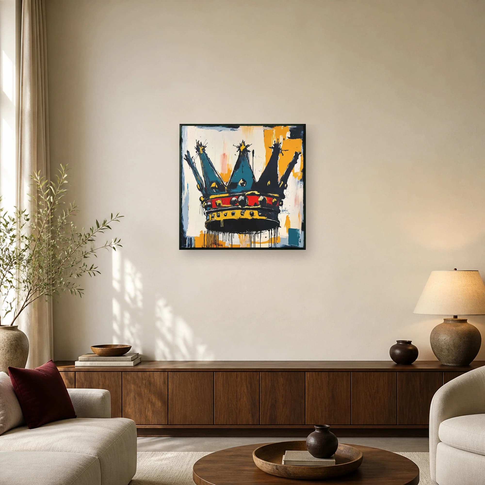 Neo-expressionist painting of a stylized multi-pointed crown in teal, yellow, and red with black paint drips against an off-white background.