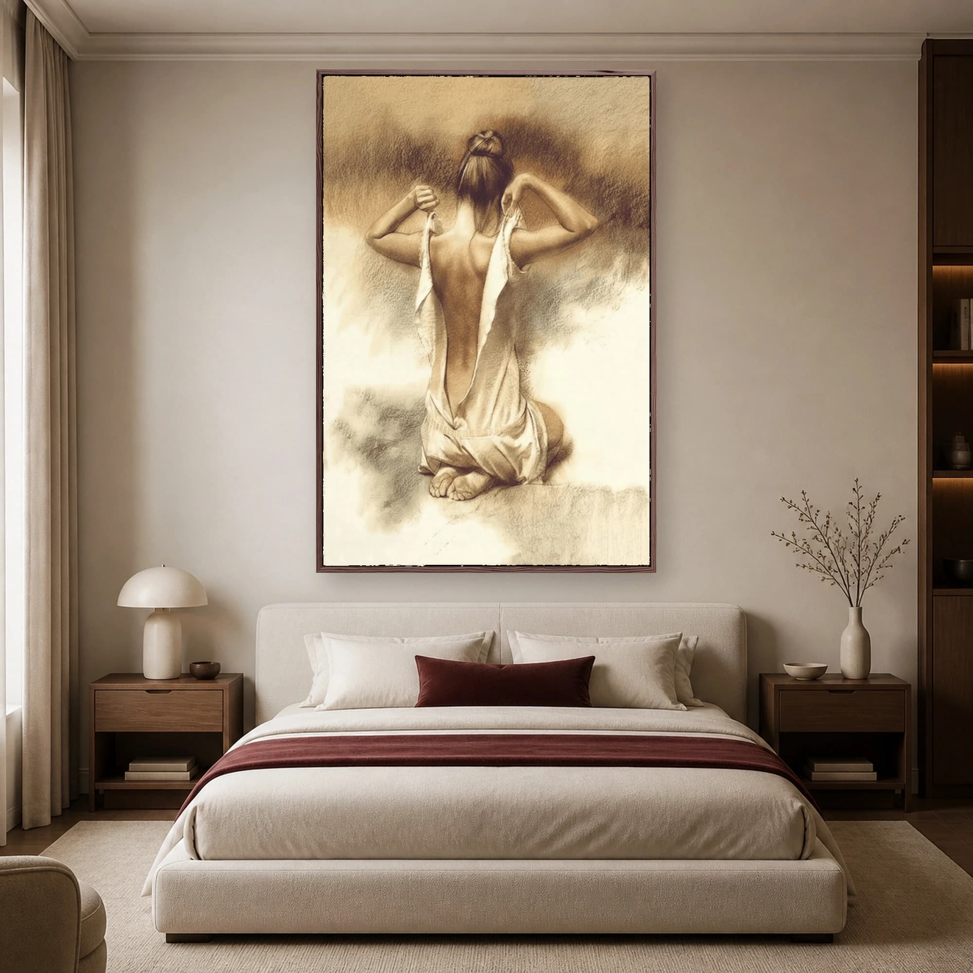 Kneeling Woman Undressing Charcoal Drawing Art Print, view 3