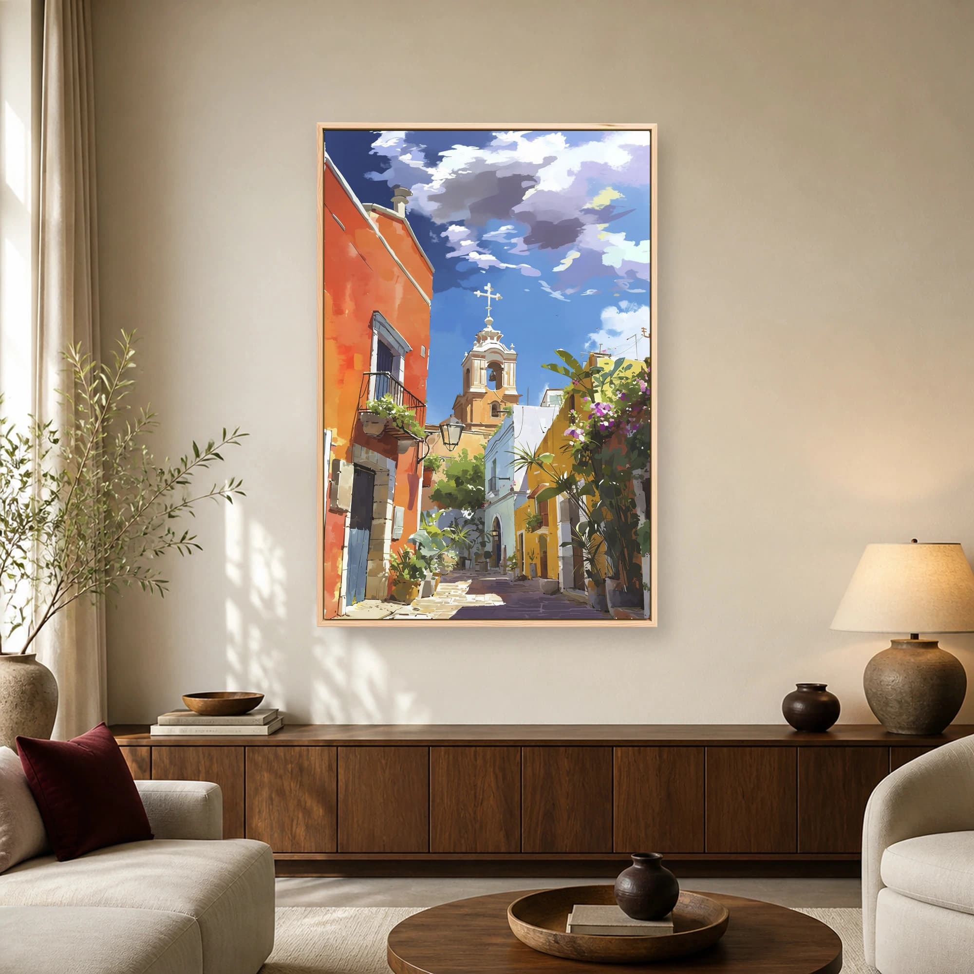 Vibrant Mediterranean Street Art with Church Tower, view 3