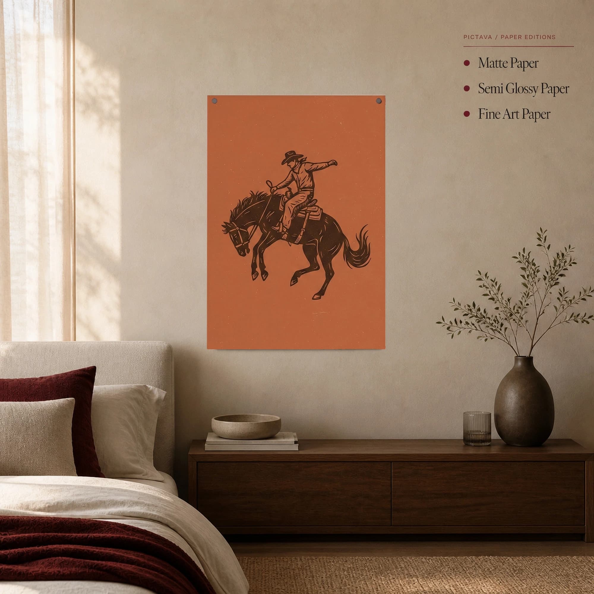 Bucking Bronco Cowboy Linocut Western Wall Art Print, view 3