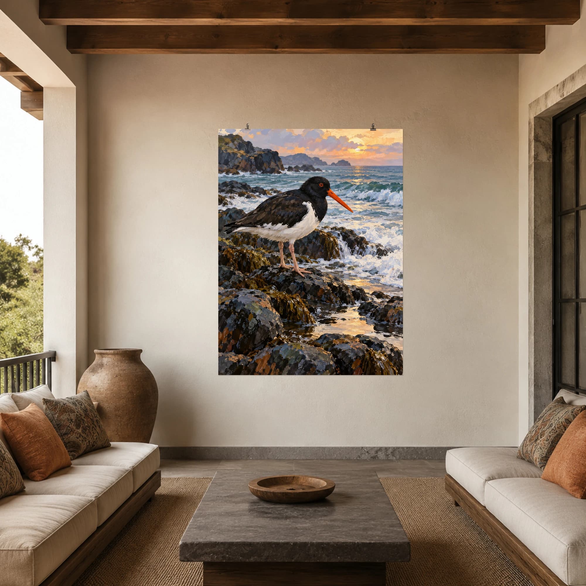 This gouache-style composition features an oystercatcher with bright orange bill standing on wet dark rocks beside a soft foamy tide. Expressive brushwork and carefully balanced color bring a distinctive focal point to your wall.