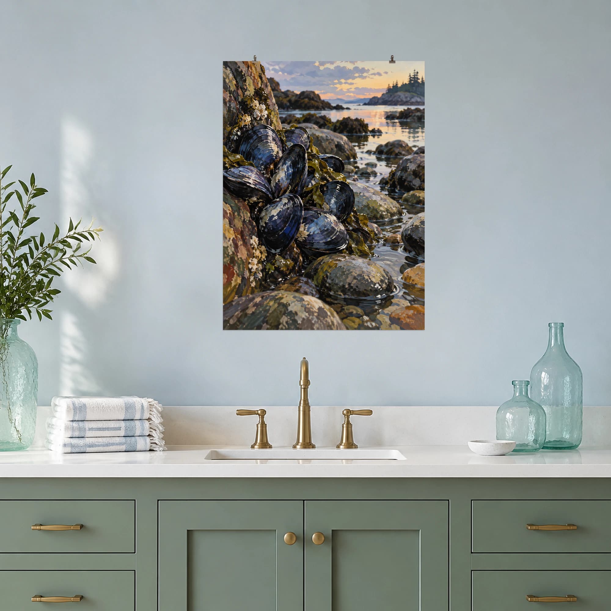This gouache-style composition features a cluster of midnight blue mussel shells among wet stones at a quiet tidal inlet. Expressive brushwork and carefully balanced color bring a distinctive focal point to your wall.