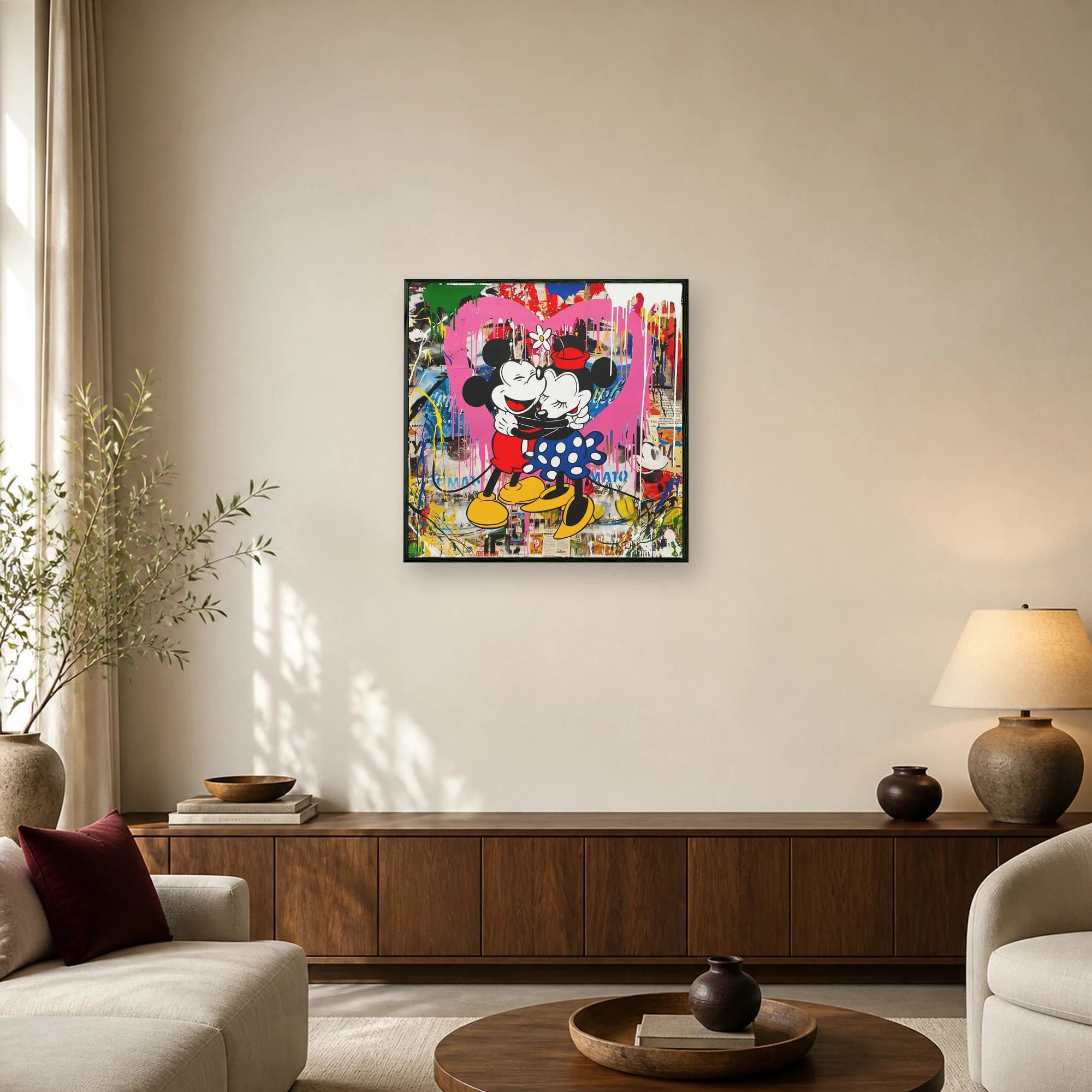 Pop art painting of Mickey and Minnie Mouse hugging inside a pink heart against a colorful graffiti and newspaper collage background with paint drips.