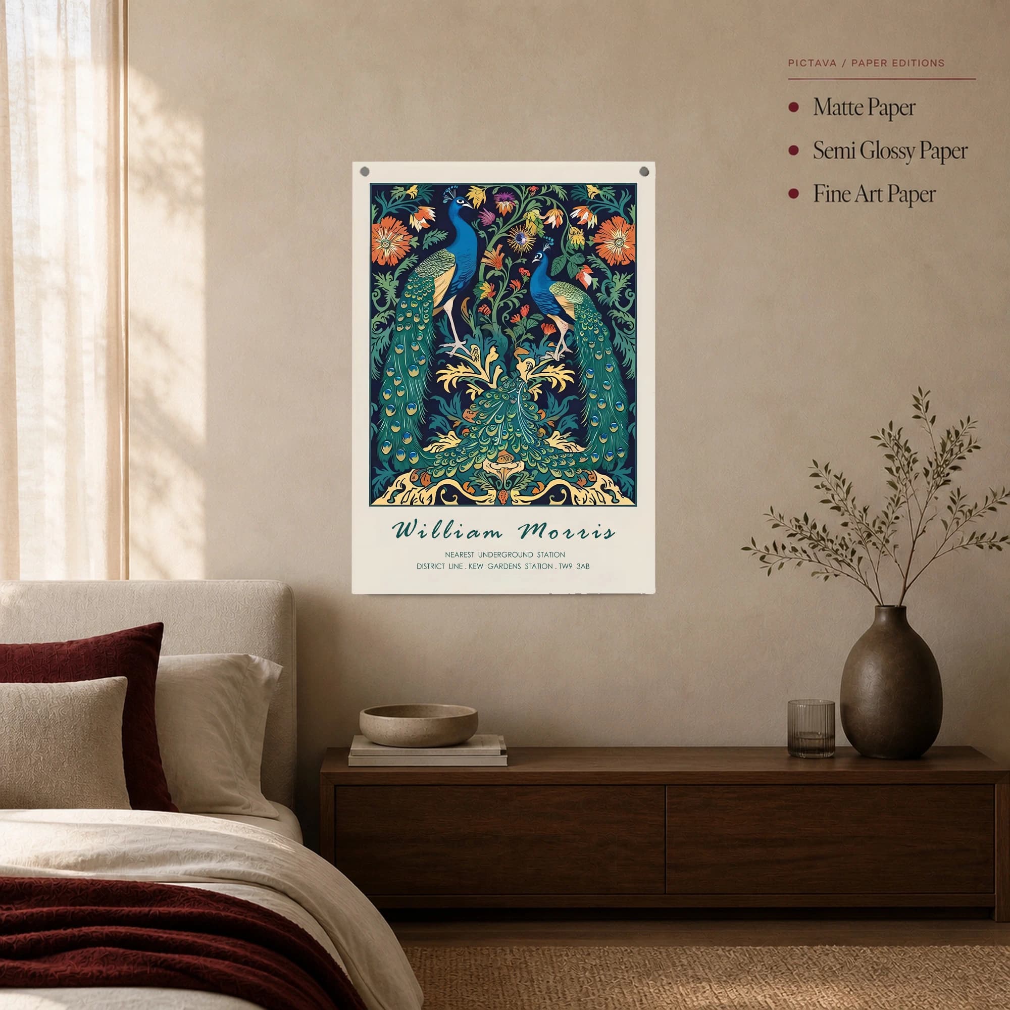 William Morris Peacock Botanical Vintage Tapestry Wall Art, view 3
