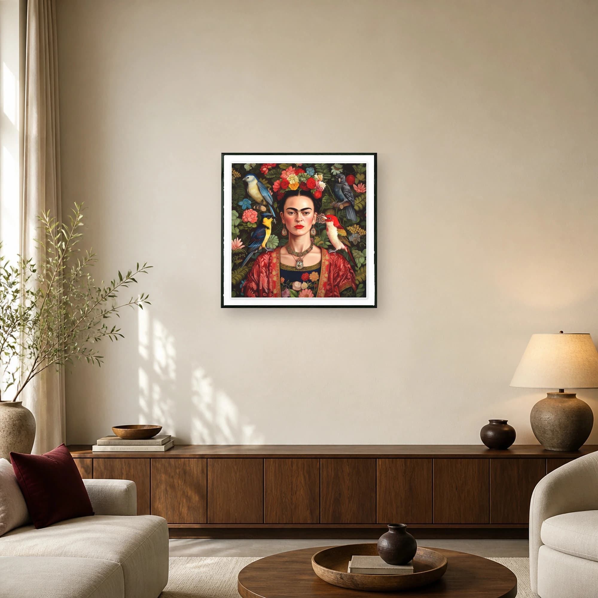 Detailed portrait of Frida Kahlo wearing a floral crown and red shawl, surrounded by colorful exotic birds and lush green botanical leaves.