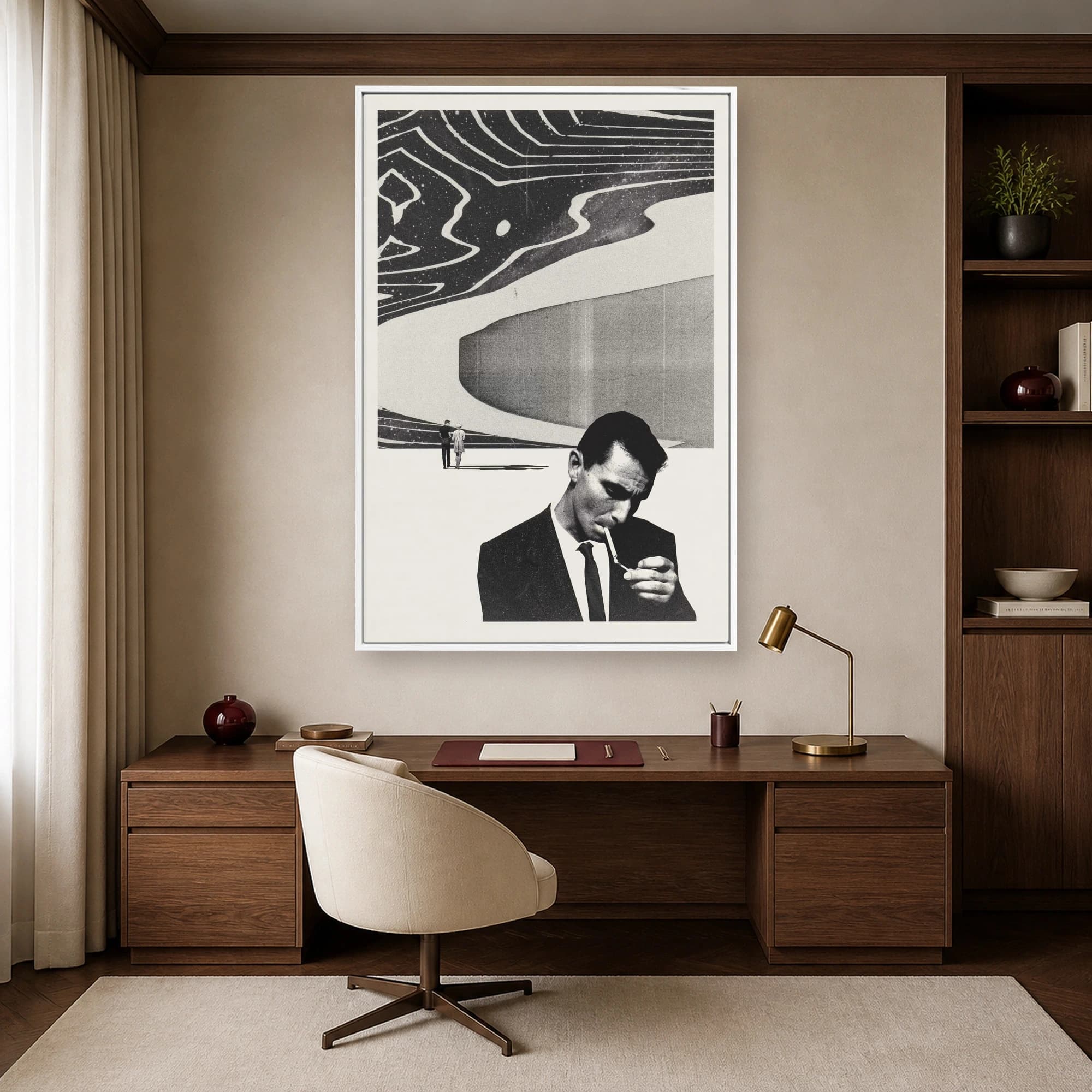 Surreal Noir Print with Cosmic Sky and Smoking Man, view 5