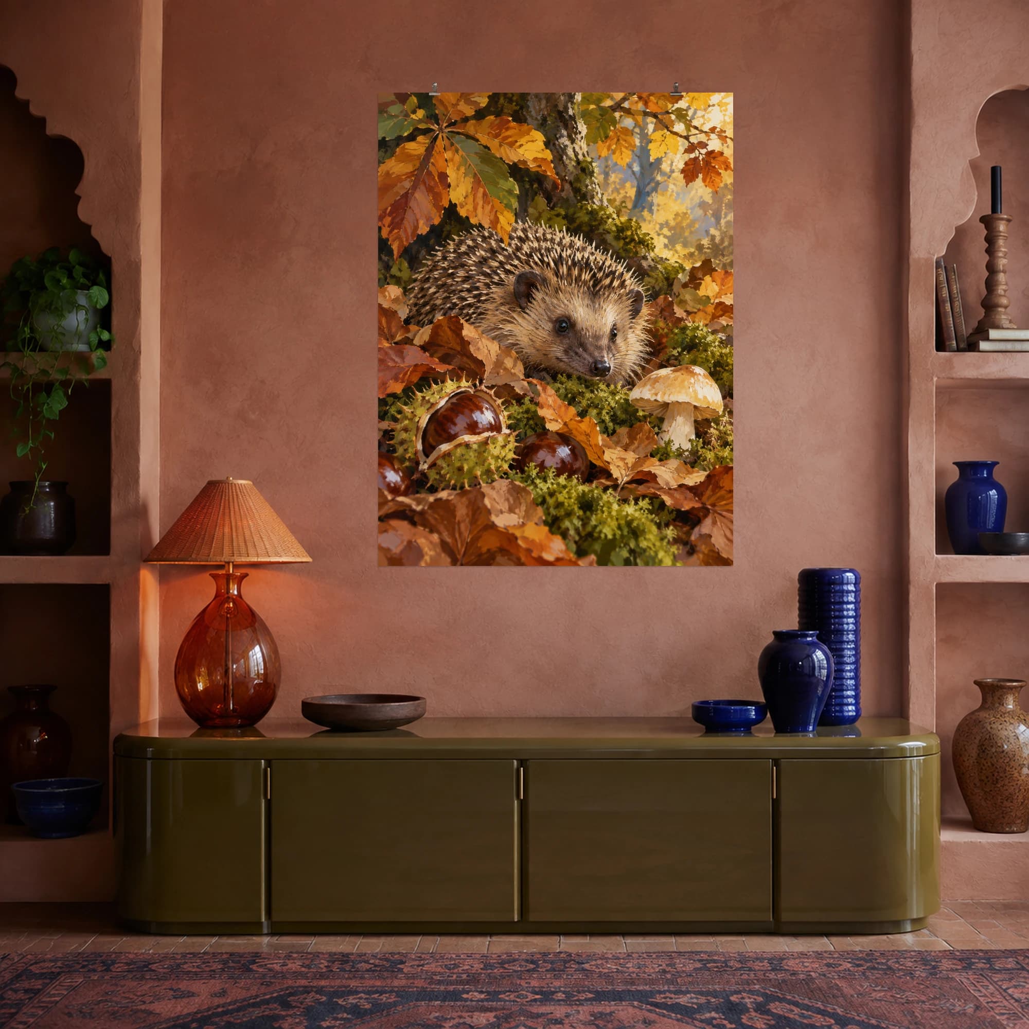 This gouache-style composition features a hedgehog nestled among chestnut leaves and moss with a small cream mushroom in autumn light. Expressive brushwork and carefully balanced color bring a distinctive focal point to your wall.