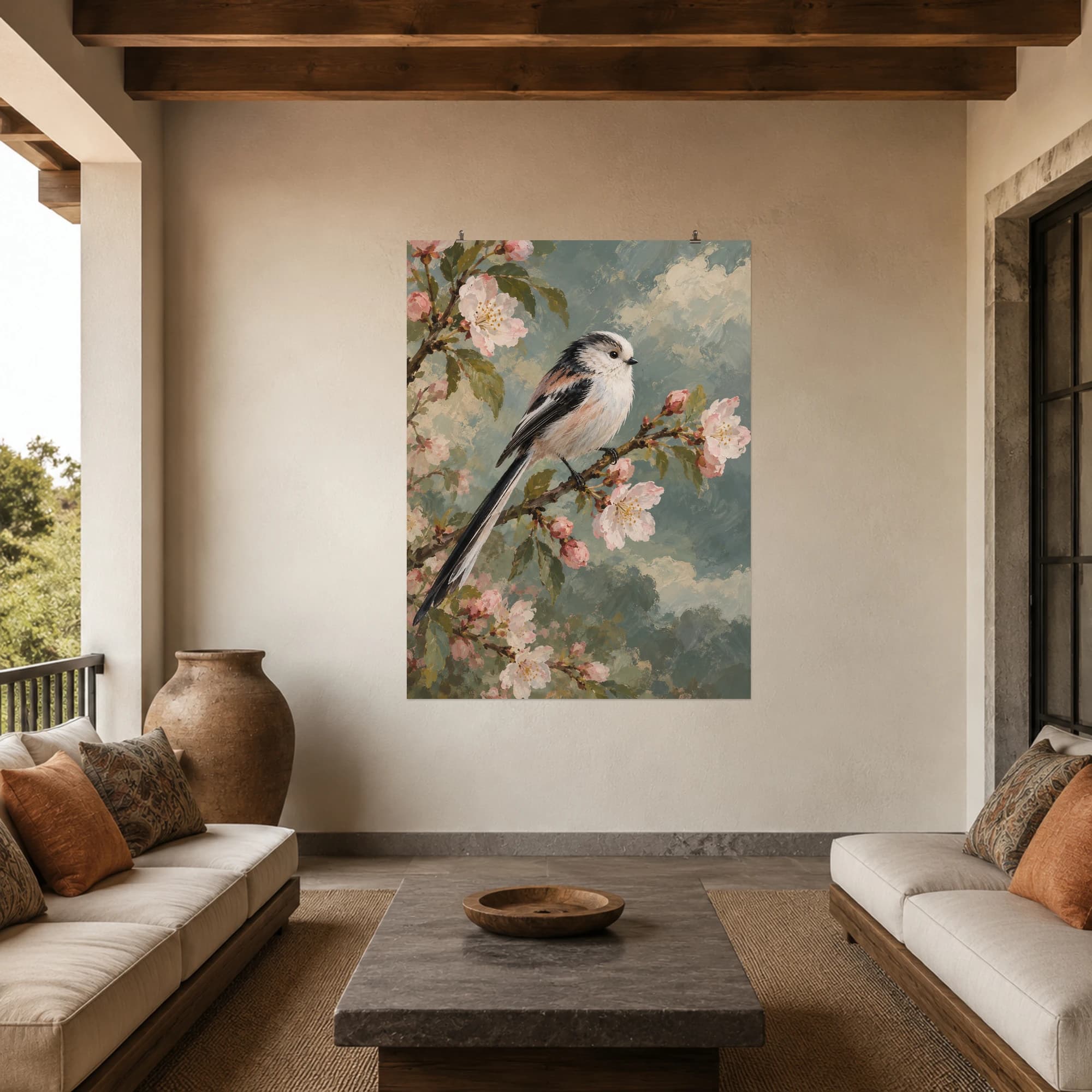 This gouache-style composition features a long tailed tit on a slender flowering branch with pale rose petals and a grey green sky. Expressive brushwork and carefully balanced color bring a distinctive focal point to your wall.