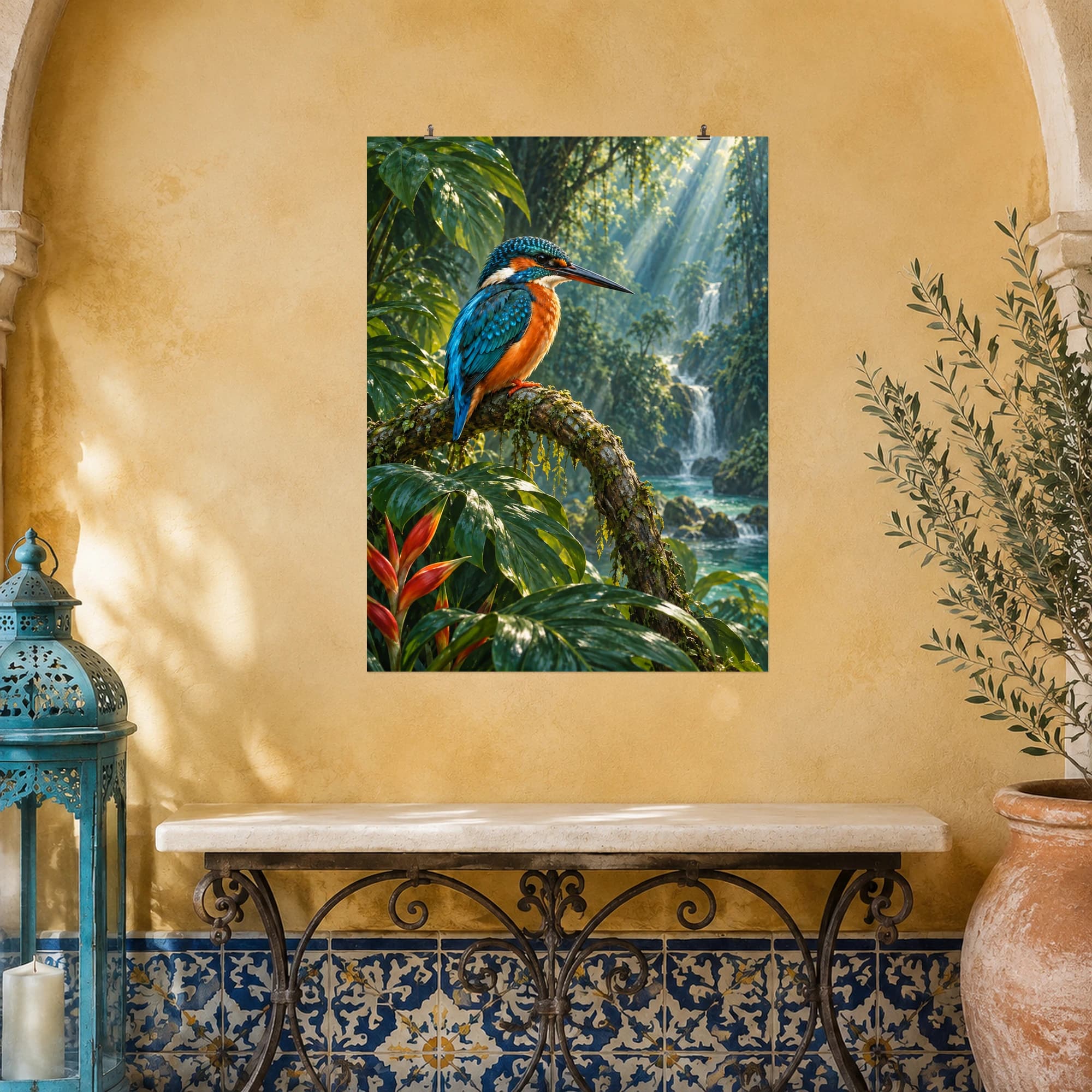 A blue-and-orange kingfisher perches on a curved branch above tropical water. Lush foliage and a distant waterfall surround the small bird.