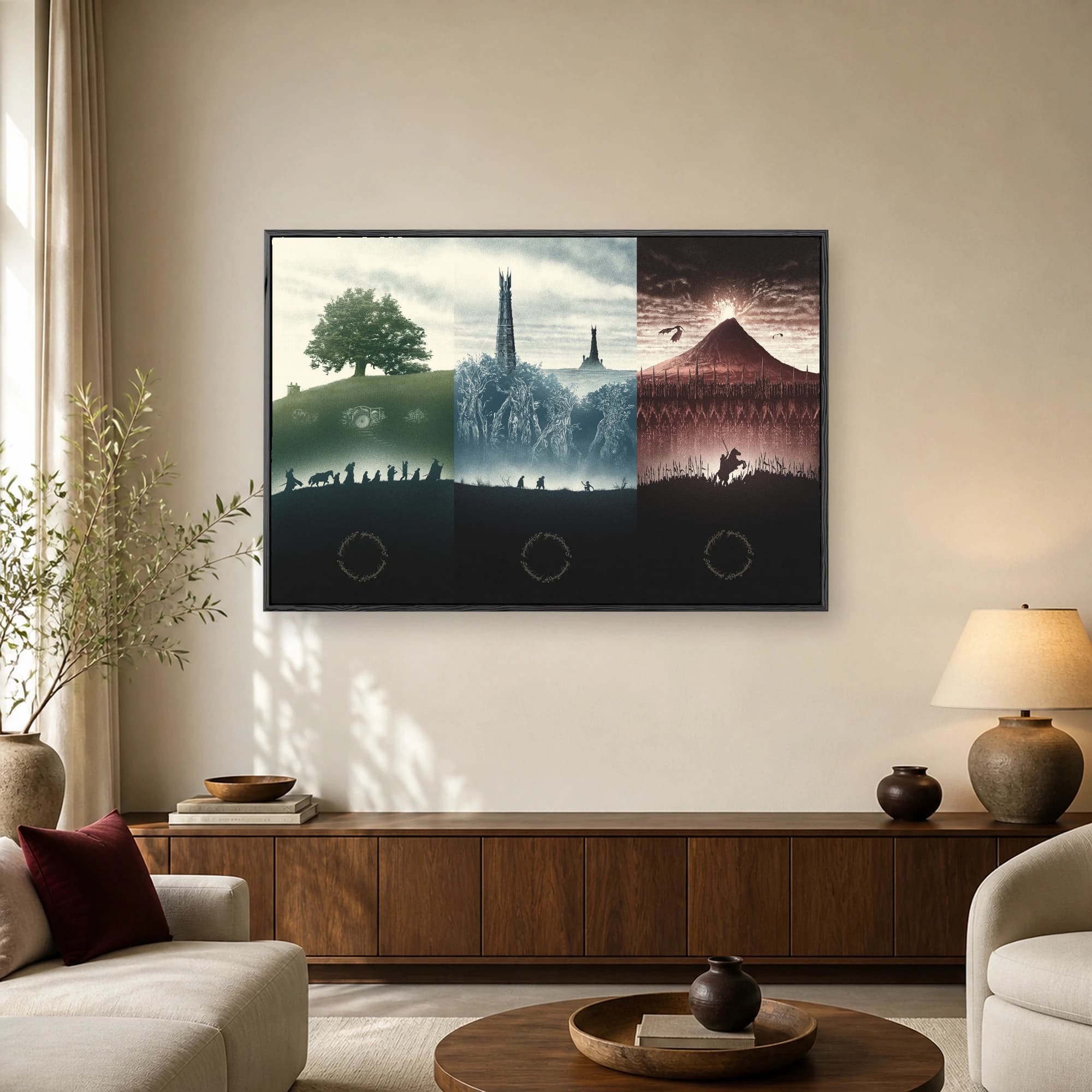 A triptych art print showing three vertical panels with fantasy landscapes, from green hills and traveling companions to dark towers and a fiery volcano.