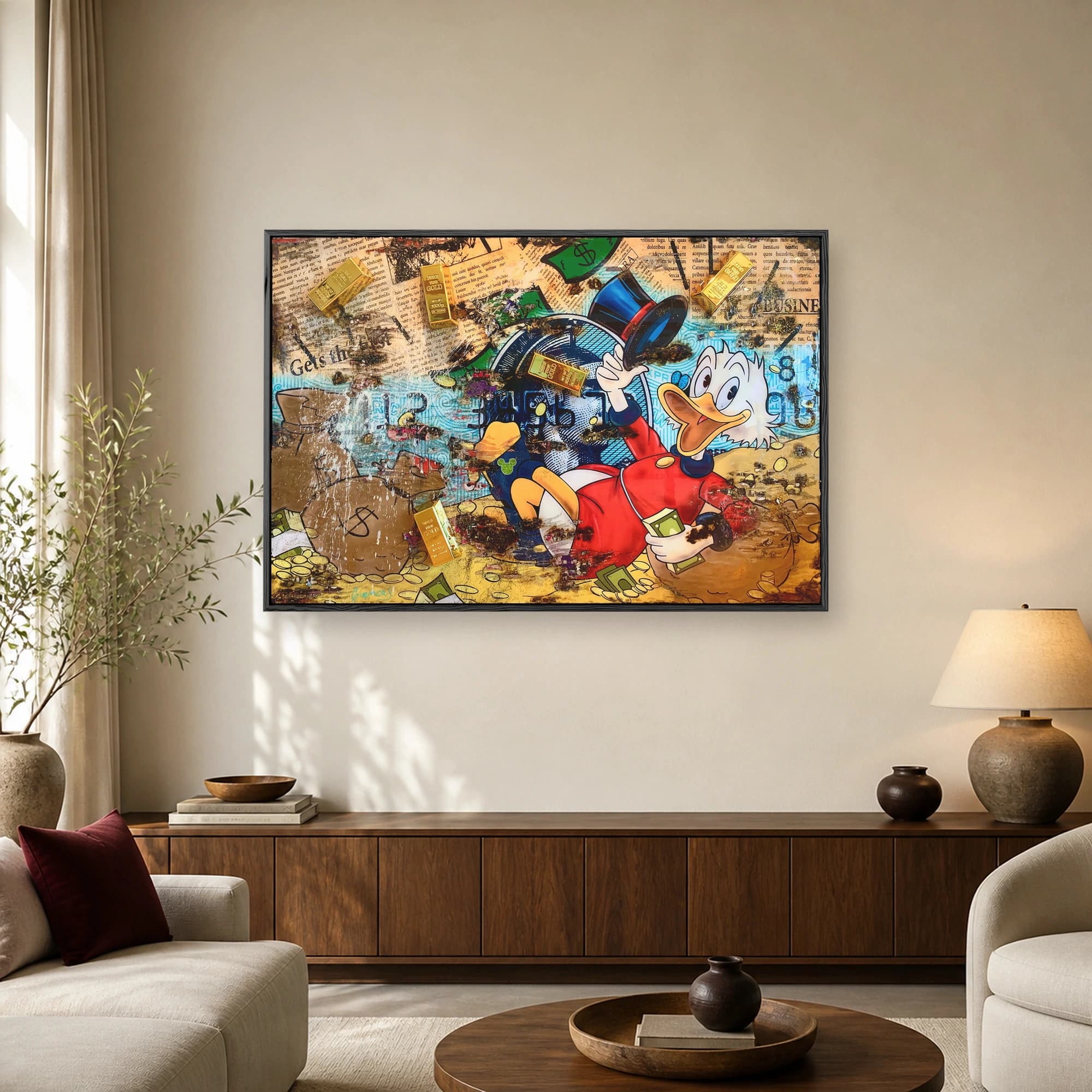 Pop art collage featuring a cartoon duck in a red jacket and top hat surrounded by gold bars and vintage newspaper print.