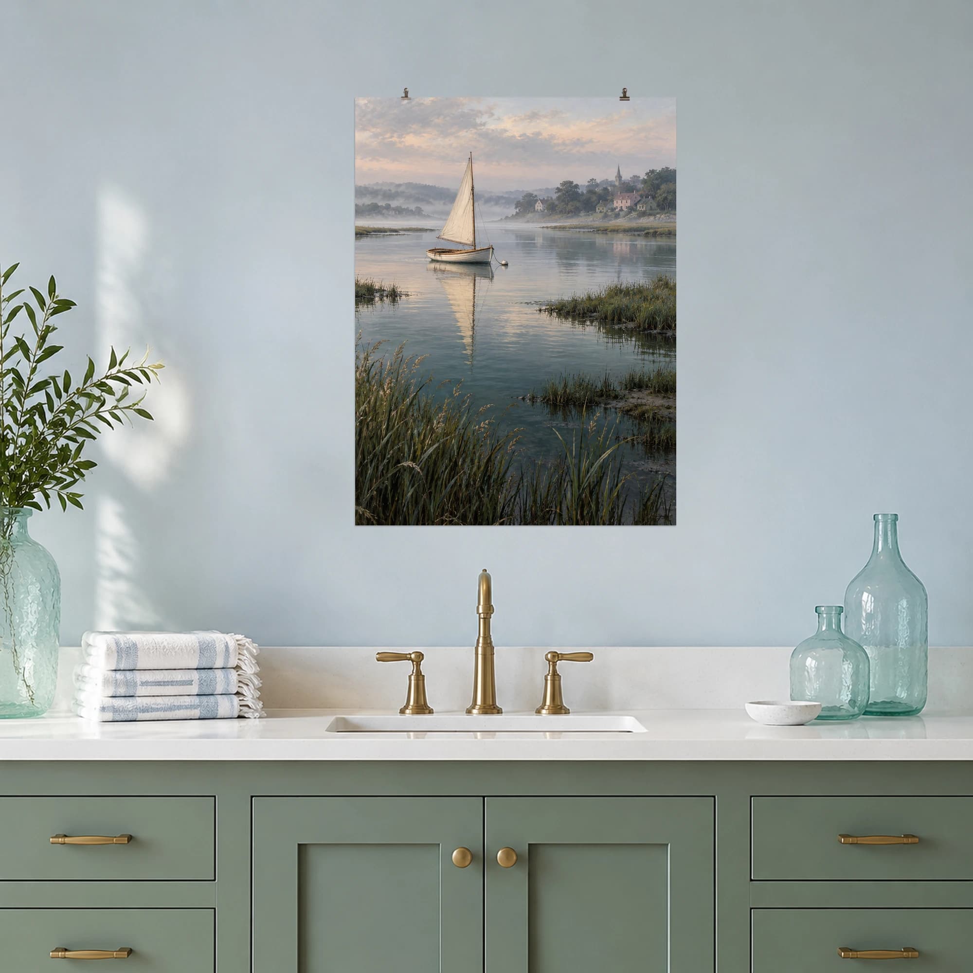 A cream-sailed wooden boat rests on still estuary water beside reeds and a distant village.