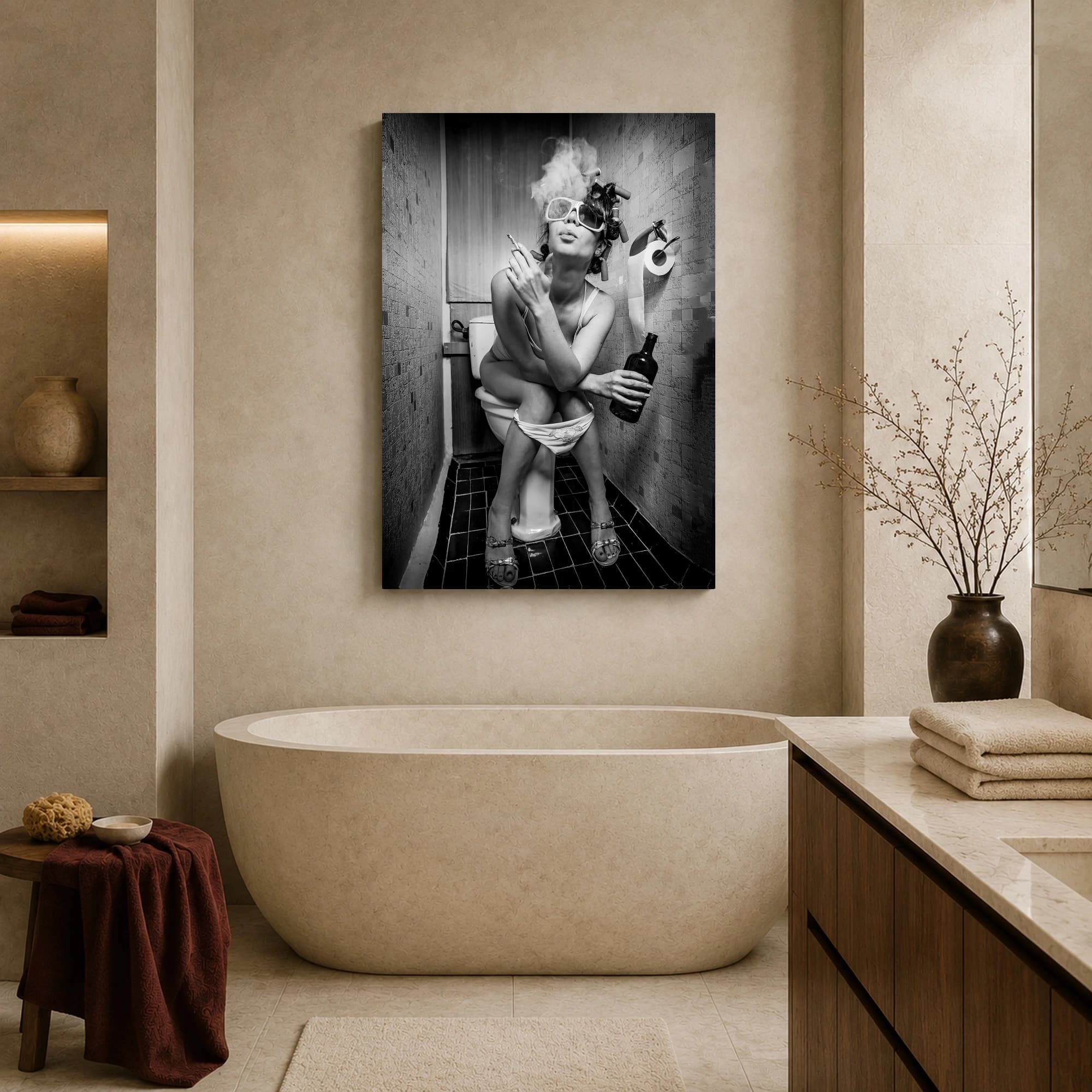 Funny Bathroom Wall Art - Smoking Woman with Hair Rollers, view 8