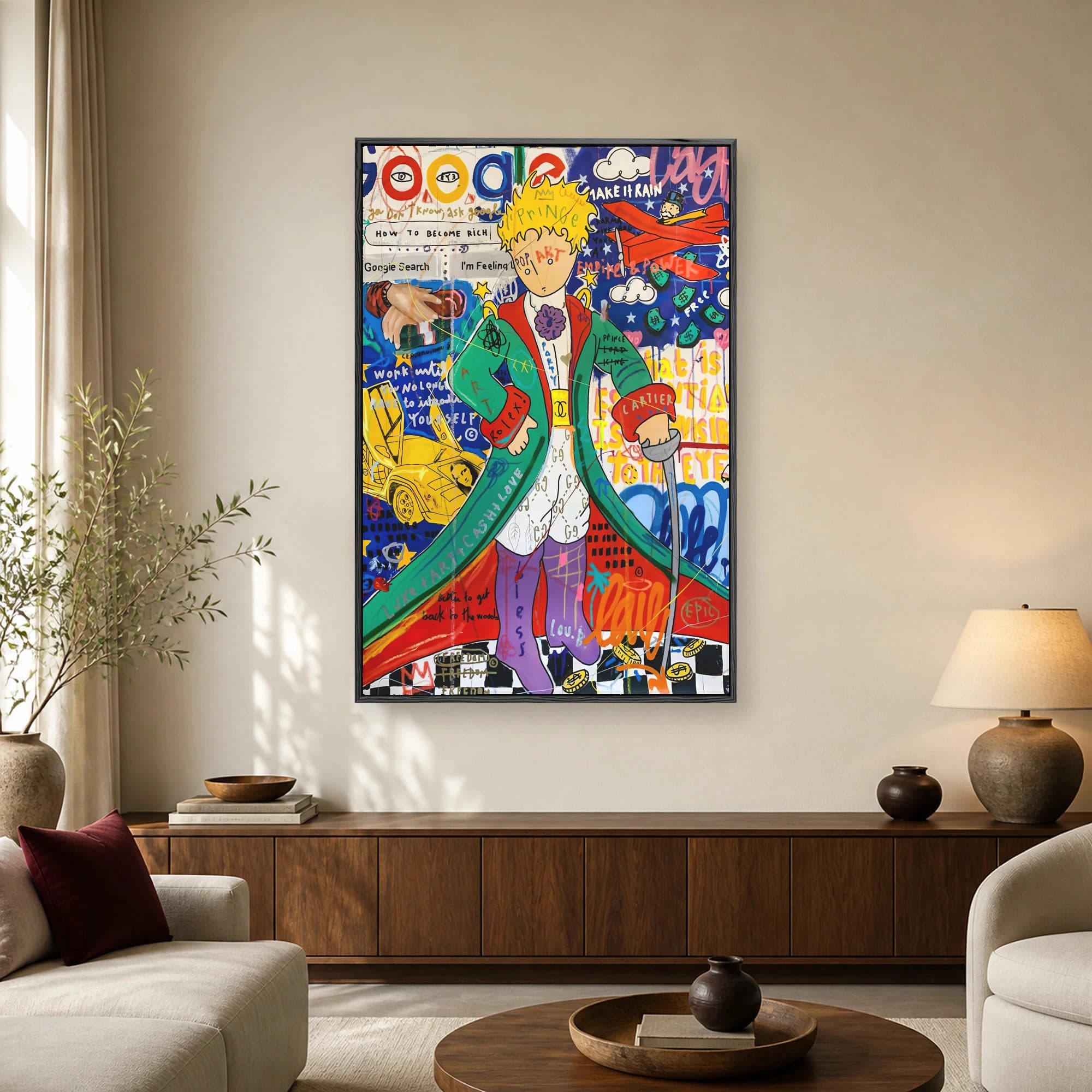 Pop art painting of a blonde character in a green coat surrounded by graffiti, luxury logos, and internet search elements.