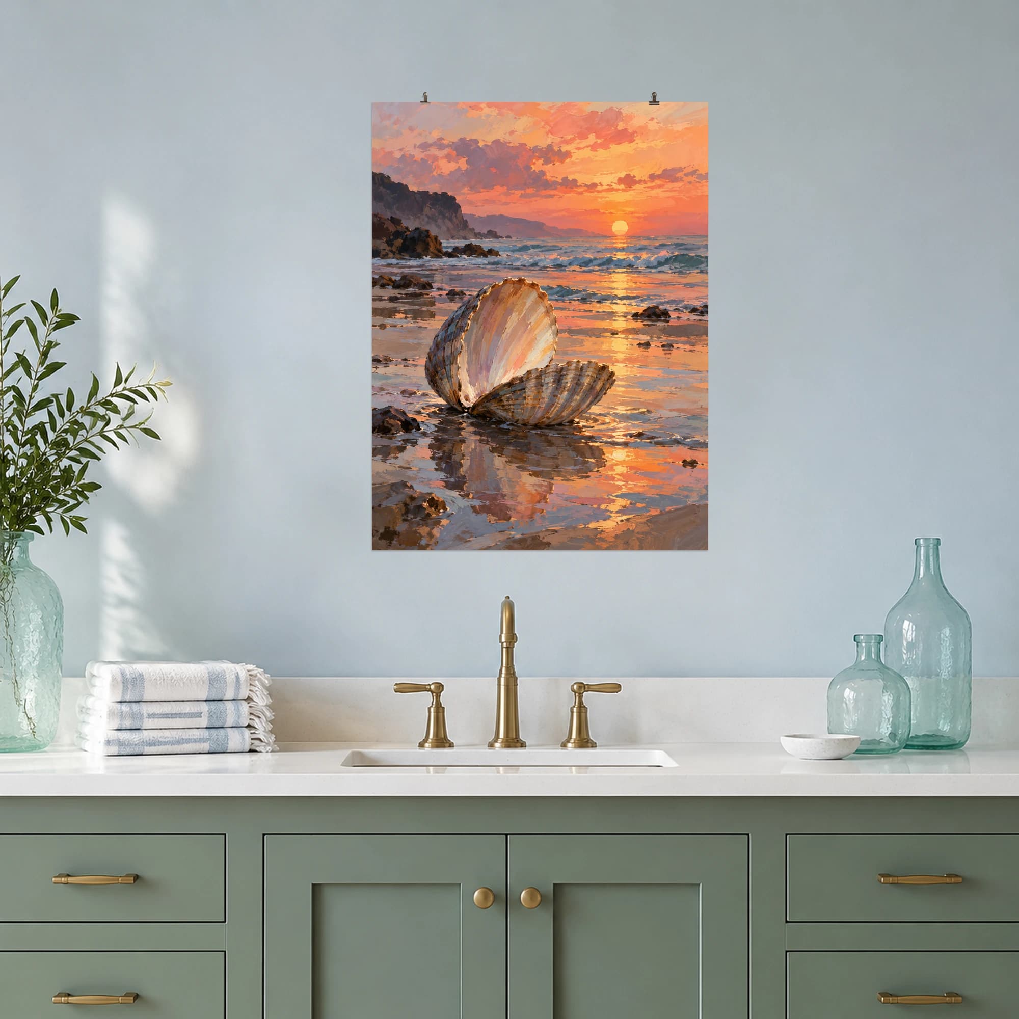 This gouache-style composition features an open ridged clam shell resting in a thin reflective wash of water beneath a peach sunset. Expressive brushwork and carefully balanced color bring a distinctive focal point to your wall.