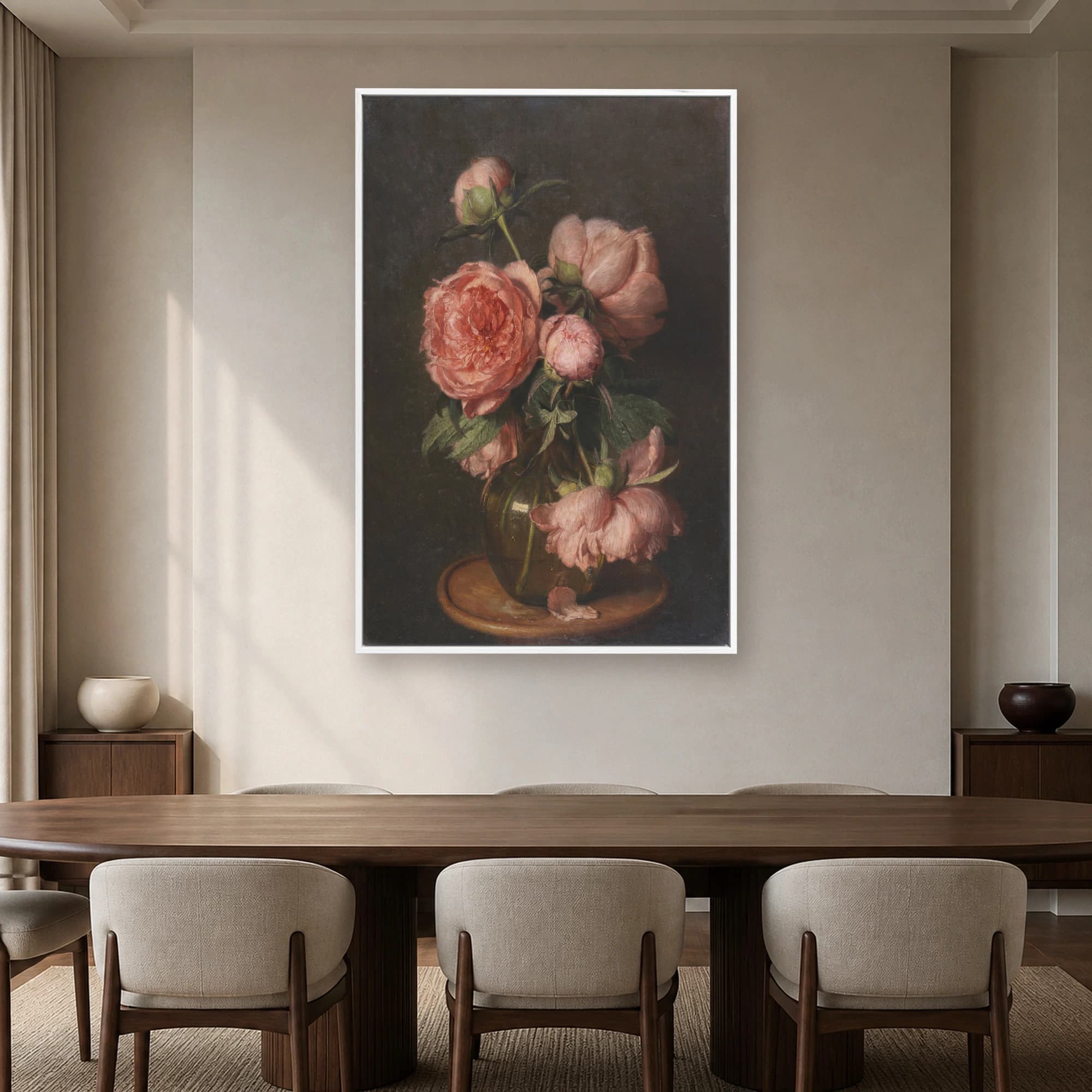 Vintage Pink Peonies Floral Still Life Canvas Print, view 3