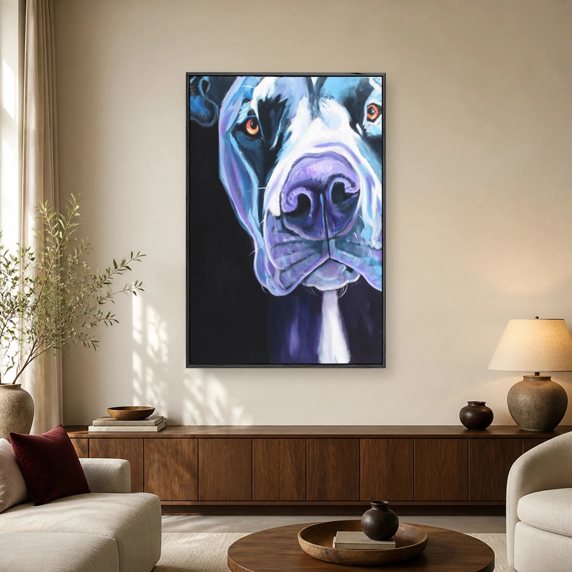 Close up modern painting of a dog's face with purple and blue tones and amber eyes against a black background