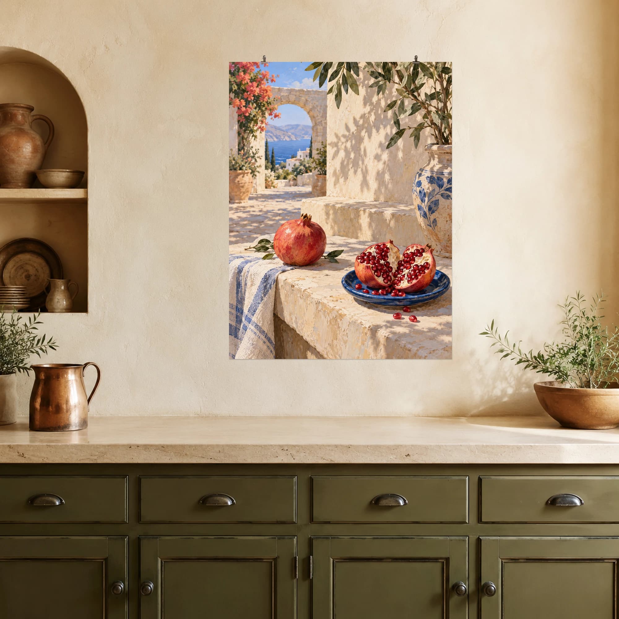 A split pomegranate and blue ceramic dish glow in a quiet sunlit courtyard.