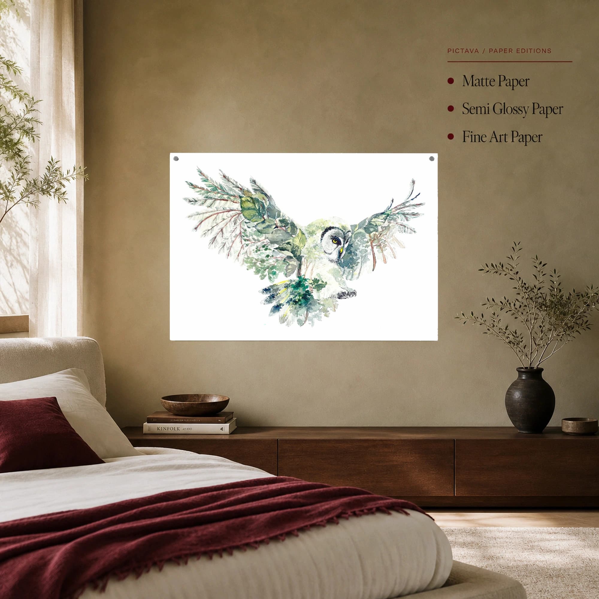 Watercolor Owl Forest Double Exposure Fine Art Print, view 7