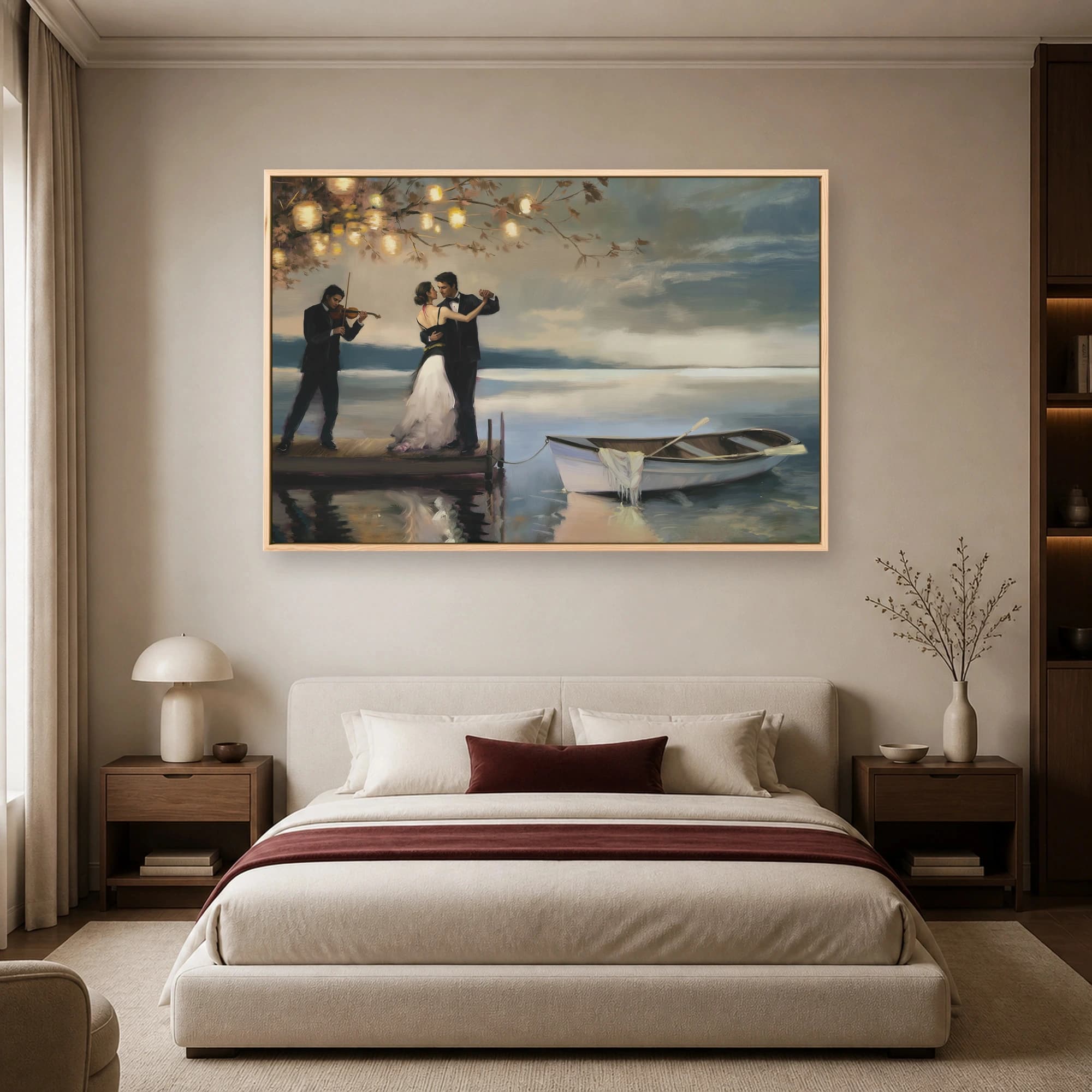 Romantic Lakeside Dance Canvas Print with Violinist and Lanterns, view 7