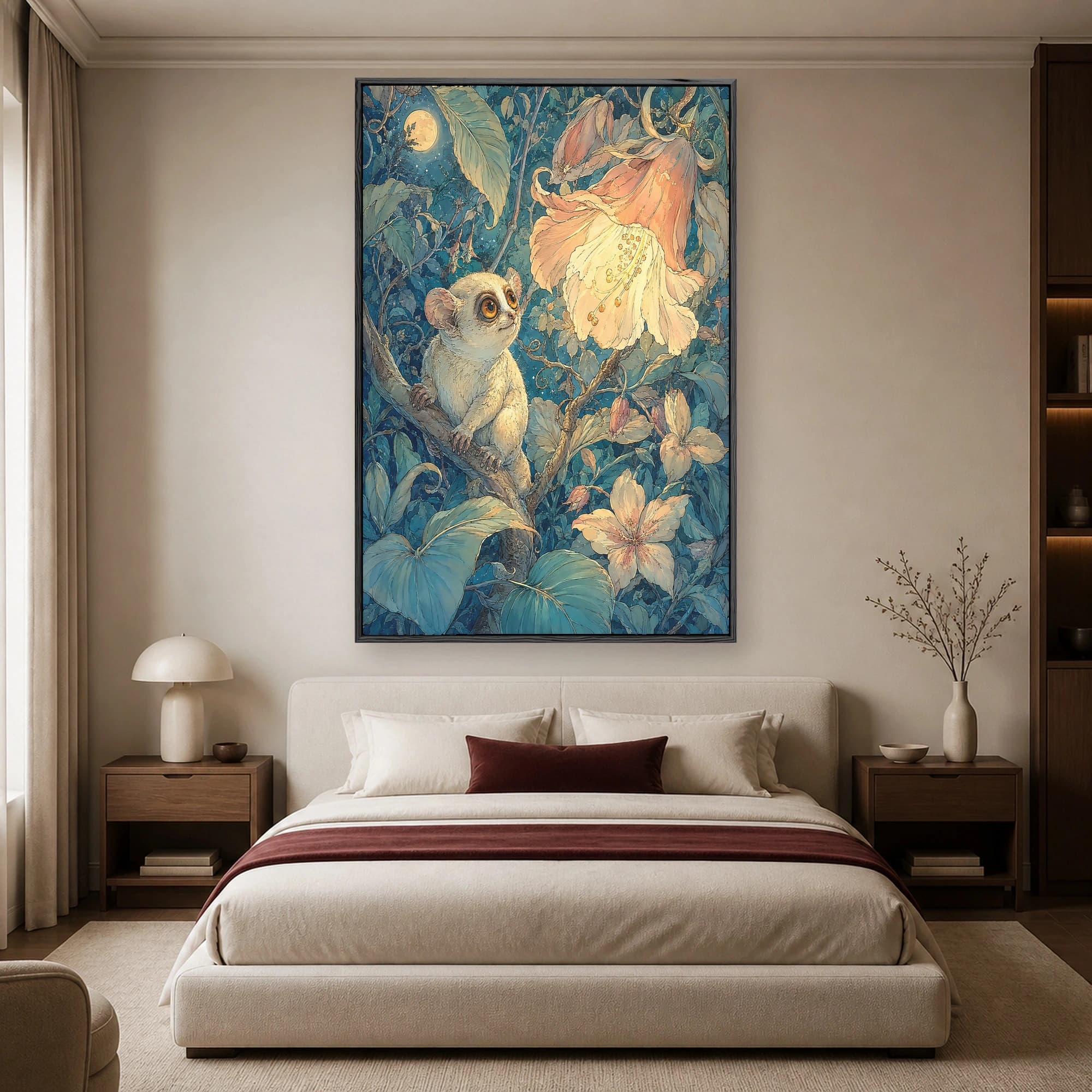 Moonlit Tarsier and Luminous Blossom Fantasy Art Print, view 3