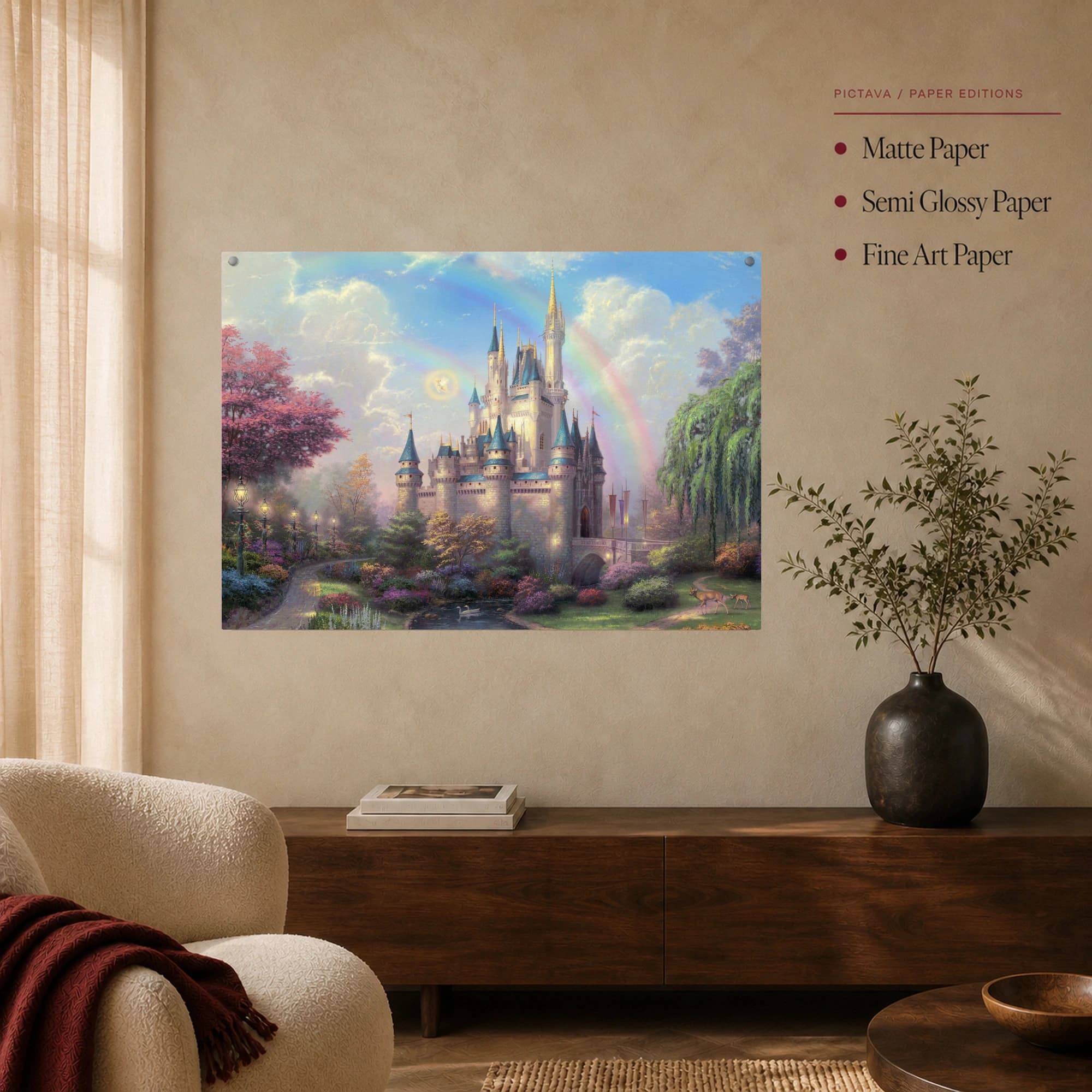 Fairytale Castle Landscape with Double Rainbow Canvas Print, view 5