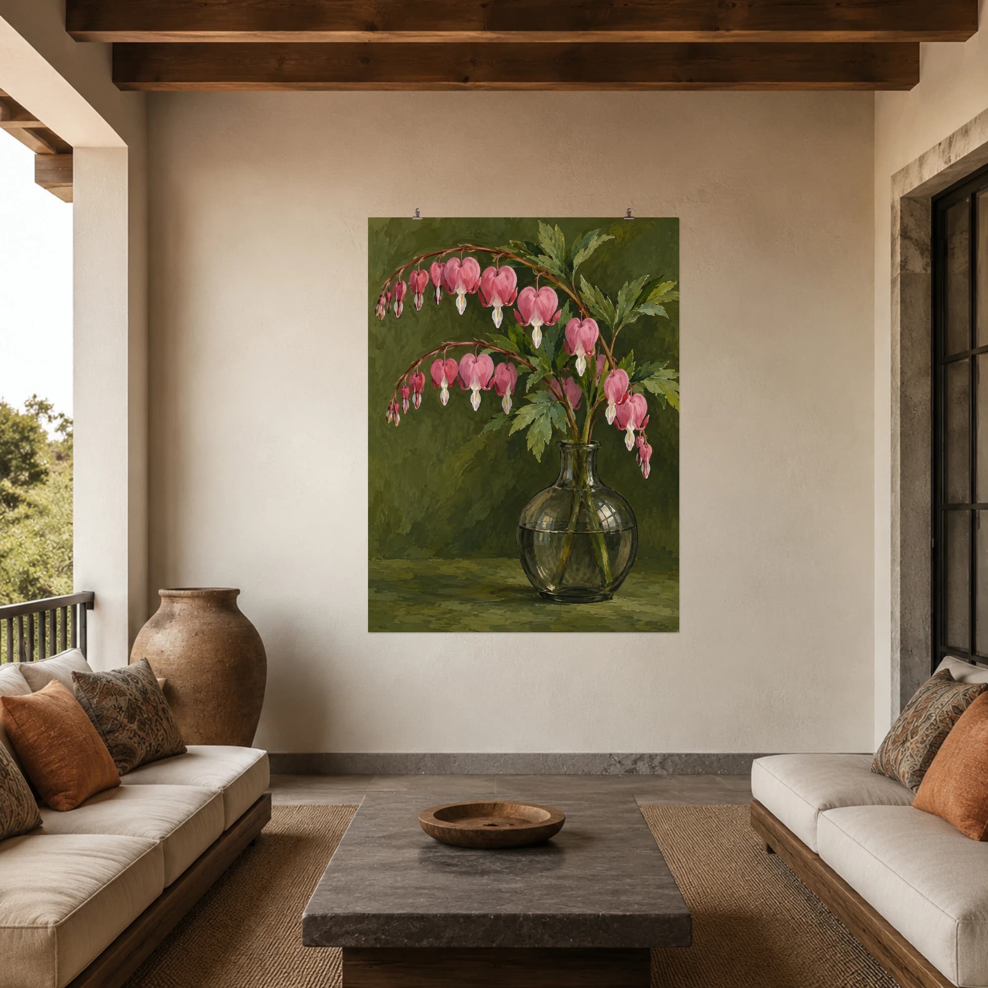 This gouache-style composition features arching stems of pink bleeding heart flowers in a small smoky glass vase against moss green. Expressive brushwork and carefully balanced color bring a distinctive focal point to your wall.