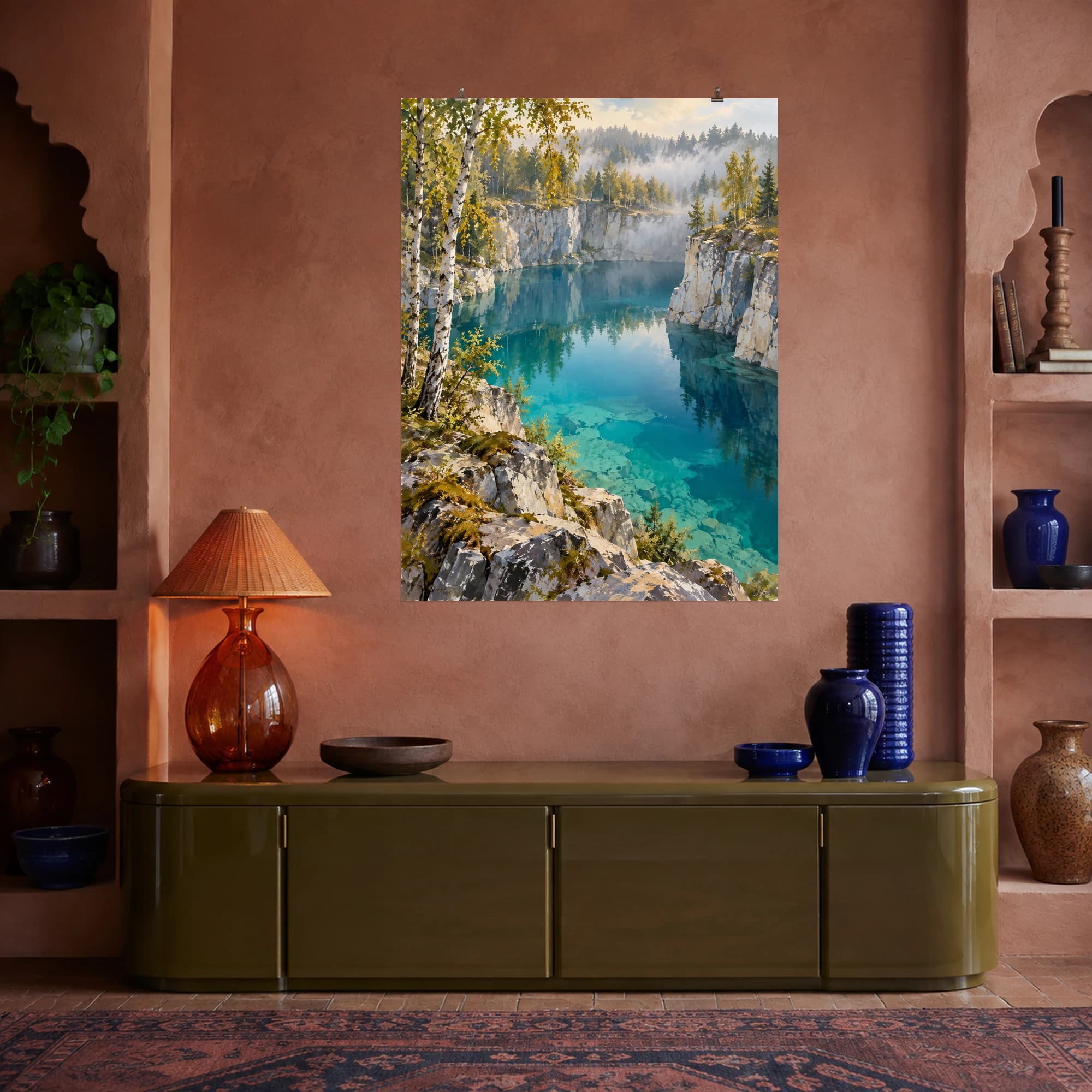 This gouache-style composition features a still turquoise pool inside an old limestone quarry with birches along the rim and drifting morning mist. Expressive brushwork and a balanced palette bring warmth and character to your space.