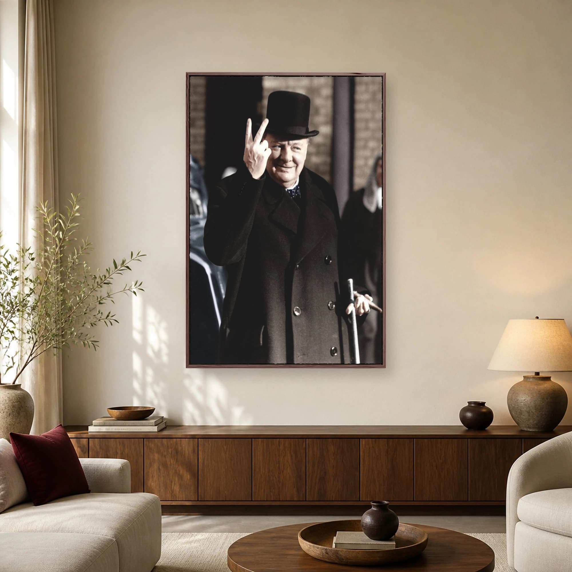 Winston Churchill wearing a top hat and dark overcoat while raising two fingers in the V for victory sign